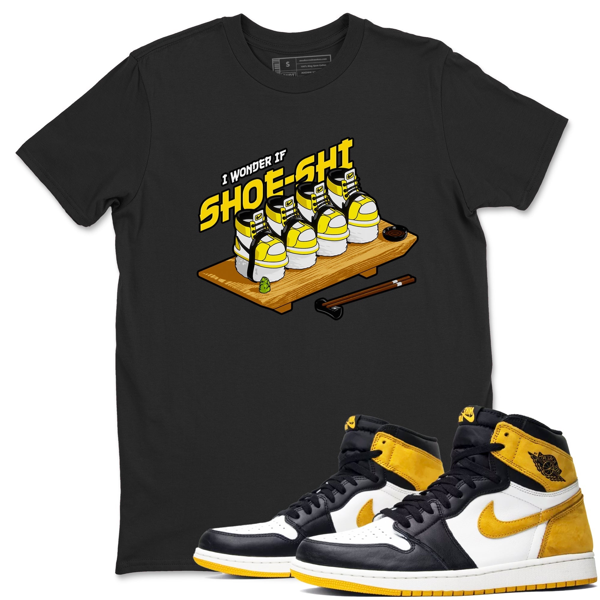 1s Yellow Ochre shirt to match jordans Shoe-Shi sneaker tees streetwear brand Air Jordan 1 Yellow Ochre Drip Gear Zone Brand unisex cotton Black 1 crew neck shirt