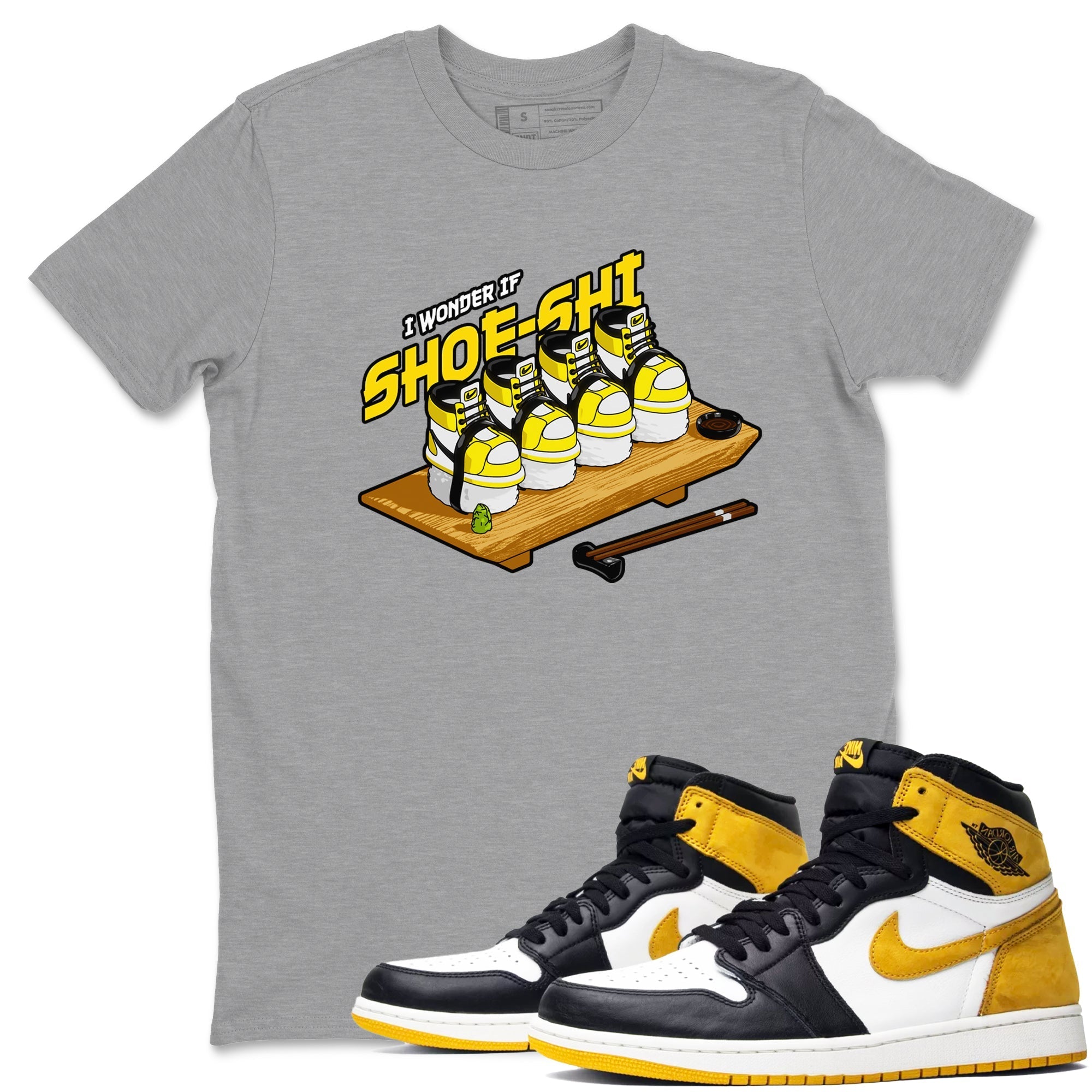 1s Yellow Ochre shirt to match jordans Shoe-Shi sneaker tees streetwear brand Air Jordan 1 Yellow Ochre Drip Gear Zone Brand unisex cotton Heather Grey 1 crew neck shirt