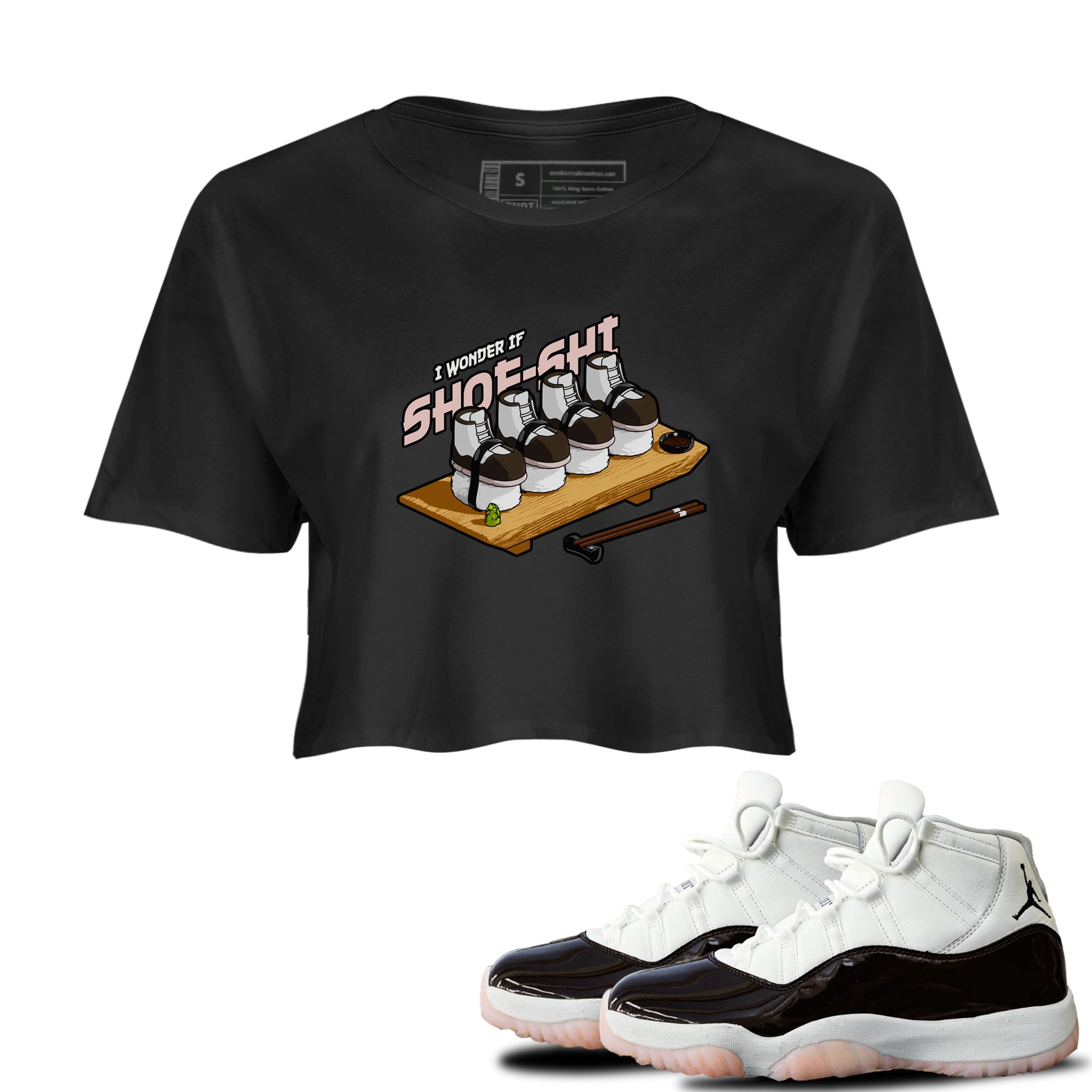 Air Jordan 11 Neapolitan shirt to match jordans Shoe-Shi sneaker matching t-shirts and clothing AJ11 Neapolitan Drip Gear Zone Black 1 Crop T-Shirt