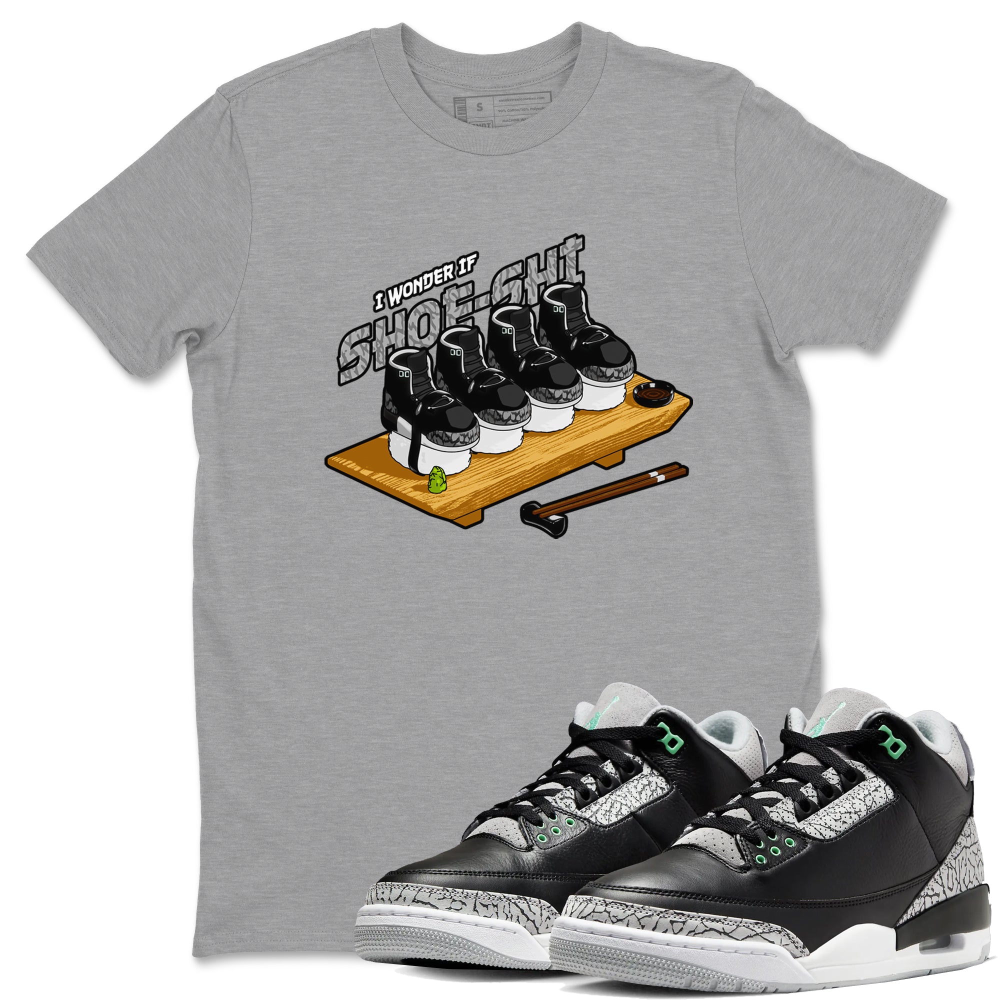3s Green Glow shirt to match jordans Shoe-Shi sneaker tees Air Jordan 3 Green Glow Drip Gear Zone unisex cotton Heather Grey 1 crew neck shirt