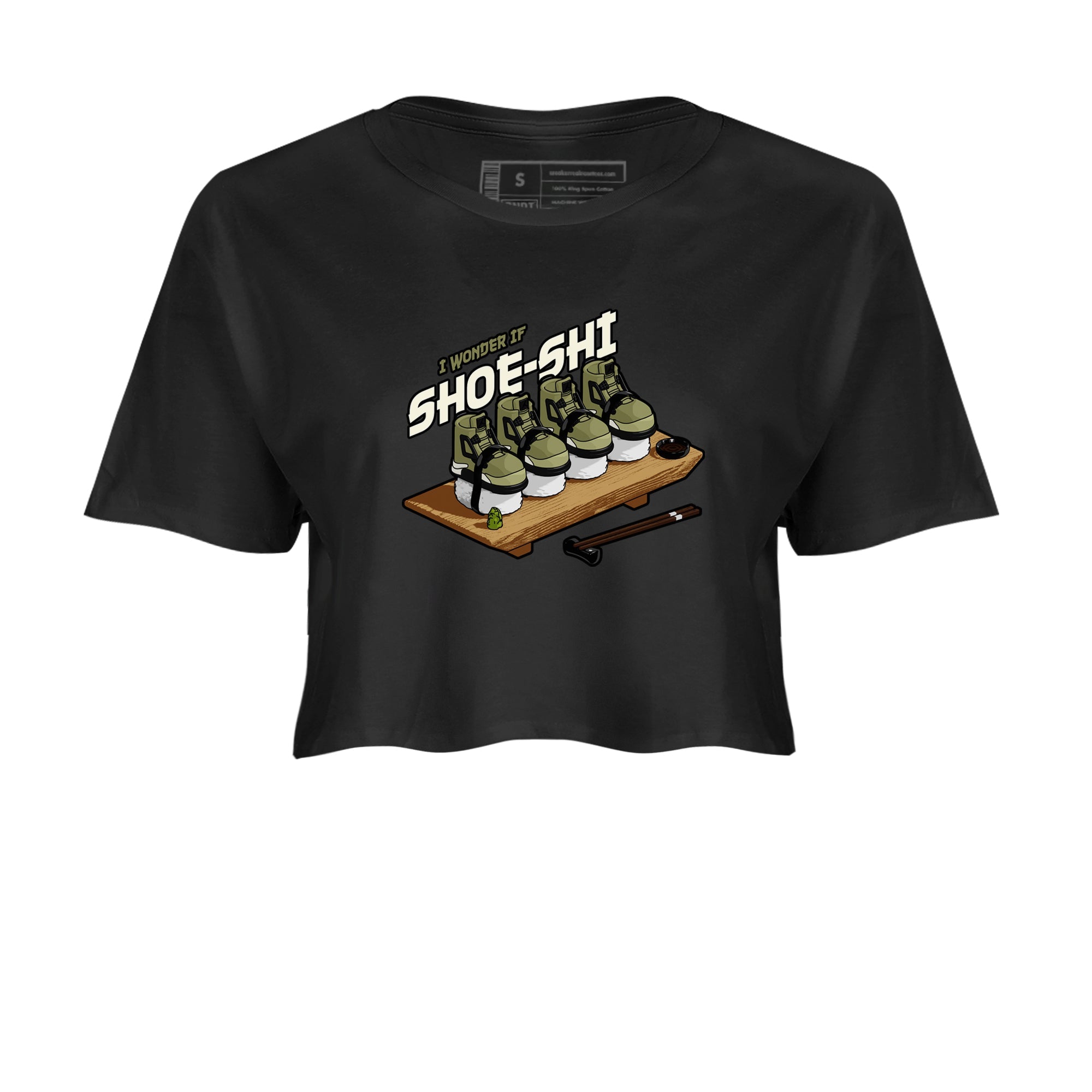 Air Jordan 4 Medium Olive shirt to match jordans streetwear brand Shoe-Shi sneaker tees AJ4 Medium Olive Drip Gear Zone Black 2 Crop T-Shirt