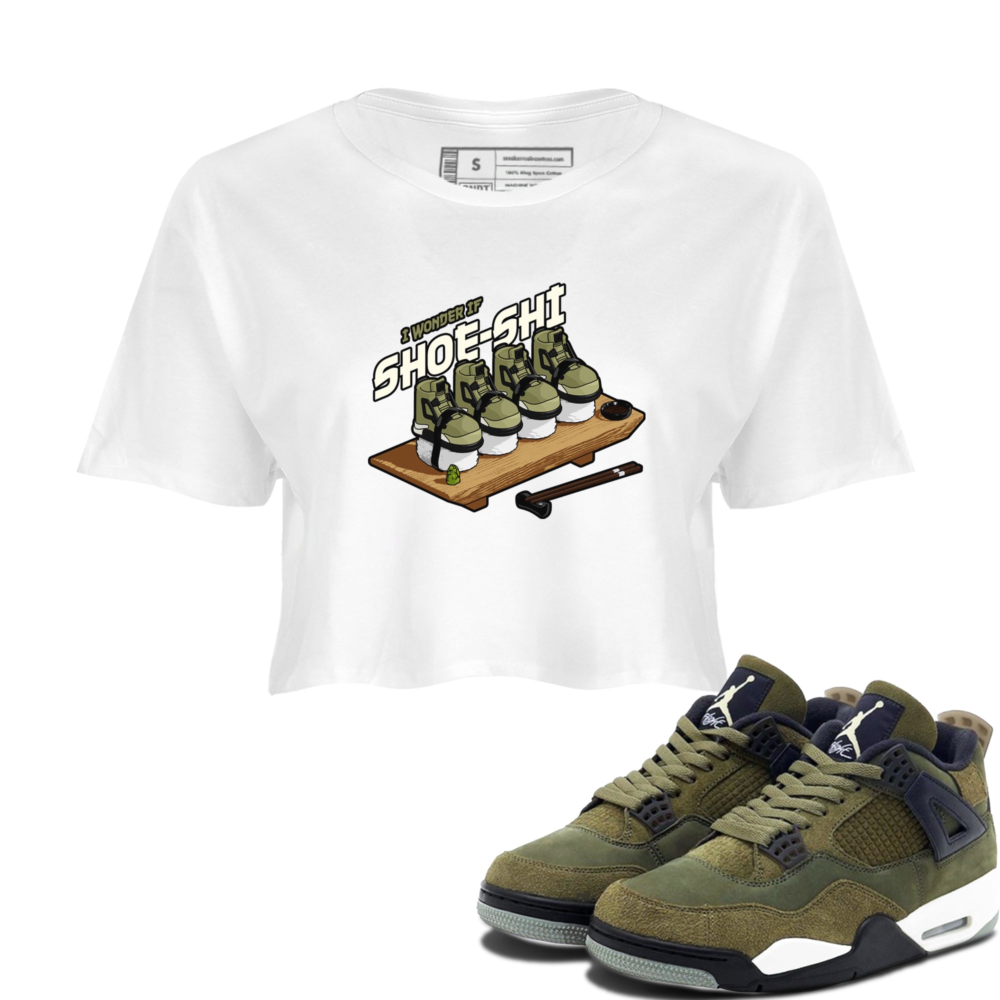 Air Jordan 4 Medium Olive shirt to match jordans streetwear brand Shoe-Shi sneaker tees AJ4 Medium Olive Drip Gear Zone White 1 Crop T-Shirt