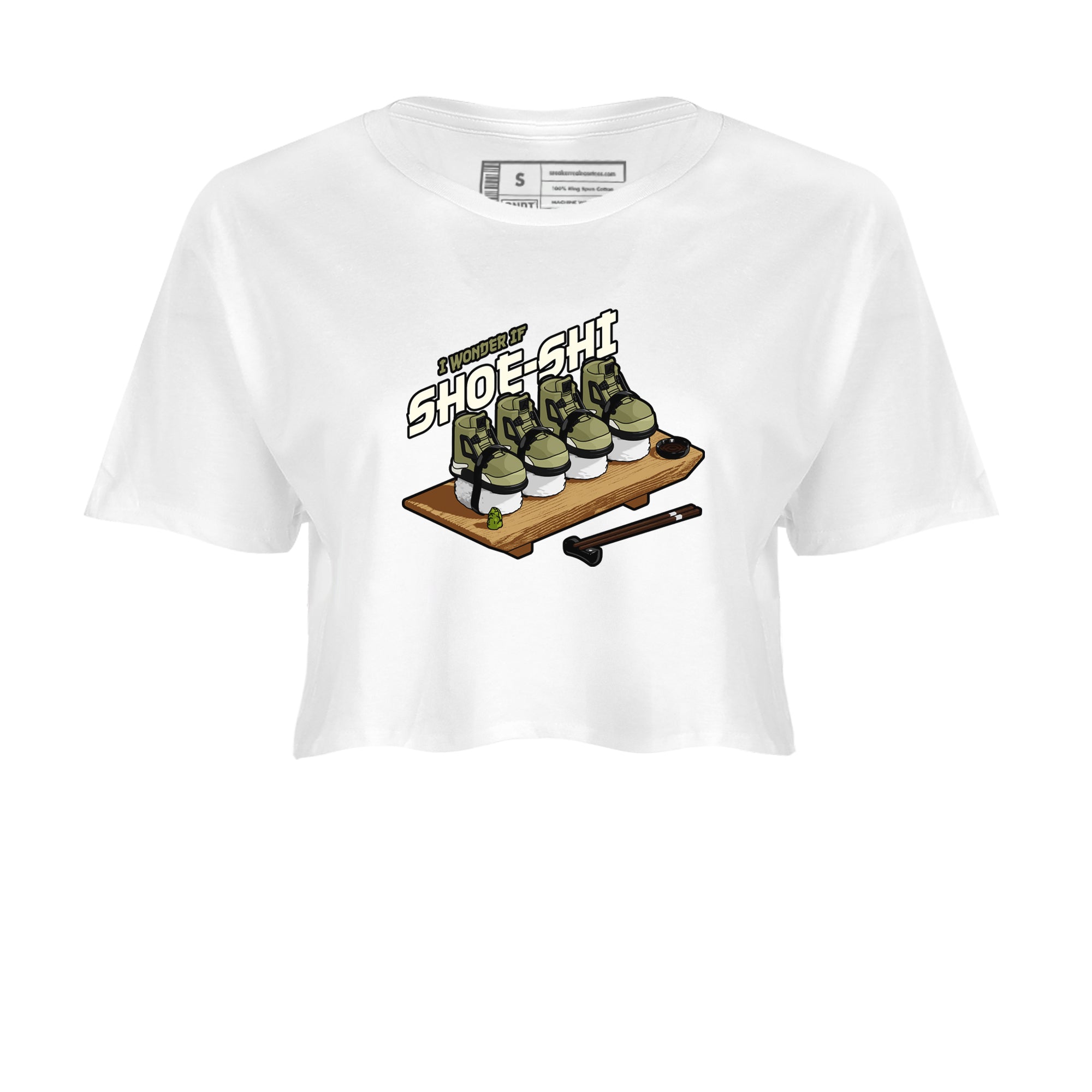 Air Jordan 4 Medium Olive shirt to match jordans streetwear brand Shoe-Shi sneaker tees AJ4 Medium Olive Drip Gear Zone White 2 Crop T-Shirt