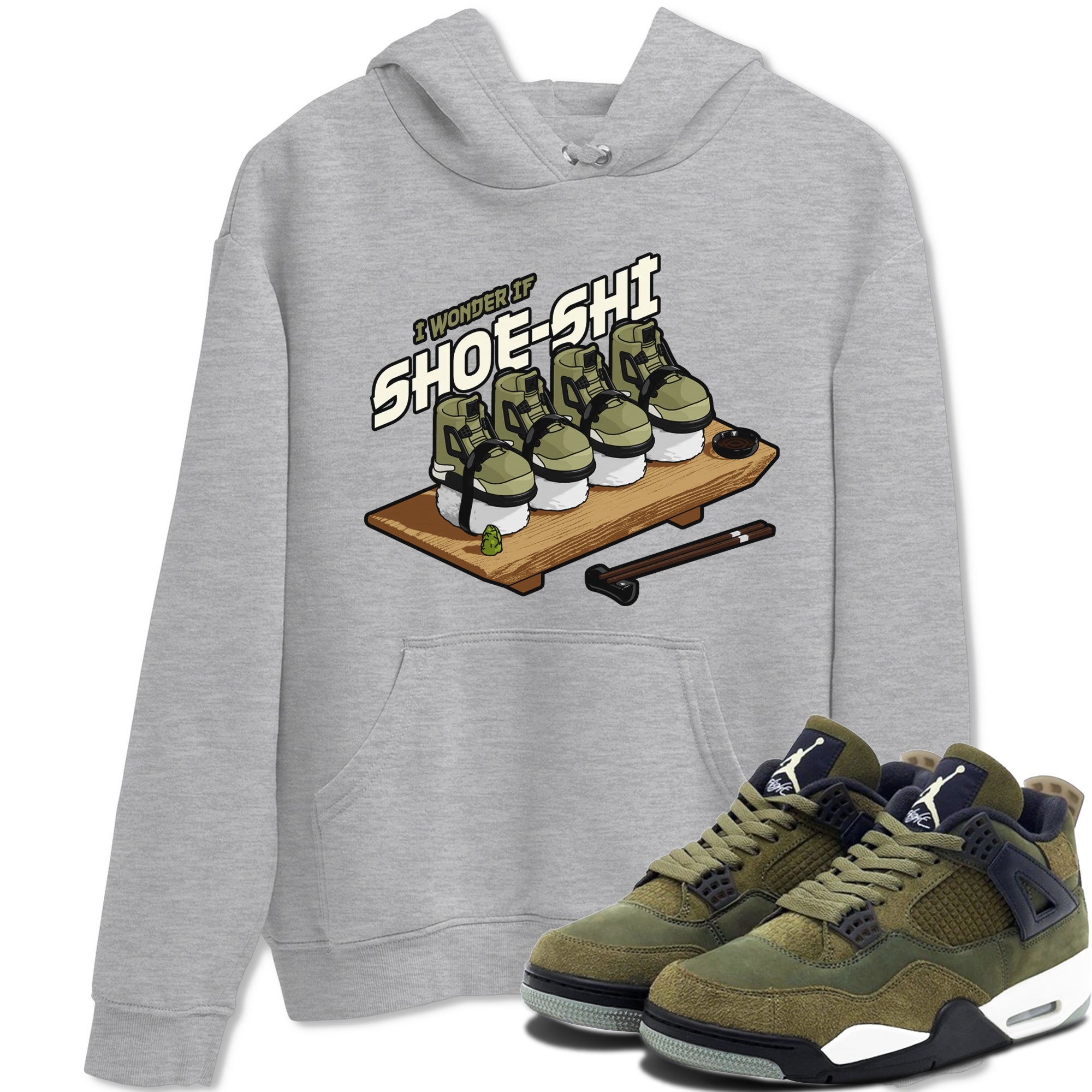 Air Jordan 4 Medium Olive shirt to match jordans streetwear brand Shoe-Shi sneaker tees AJ4 Medium Olive Drip Gear Zone Unisex Heather Grey 1 T-Shirt
