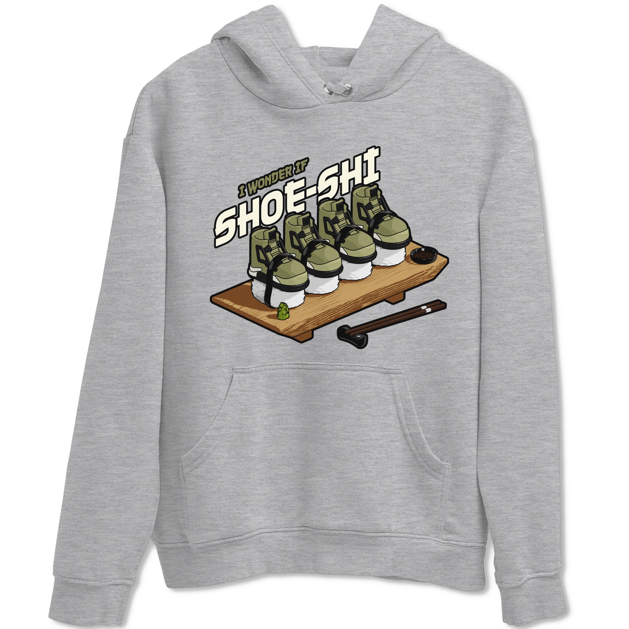 Air Jordan 4 Medium Olive shirt to match jordans streetwear brand Shoe-Shi sneaker tees AJ4 Medium Olive Drip Gear Zone Unisex Heather Grey 2 T-Shirt