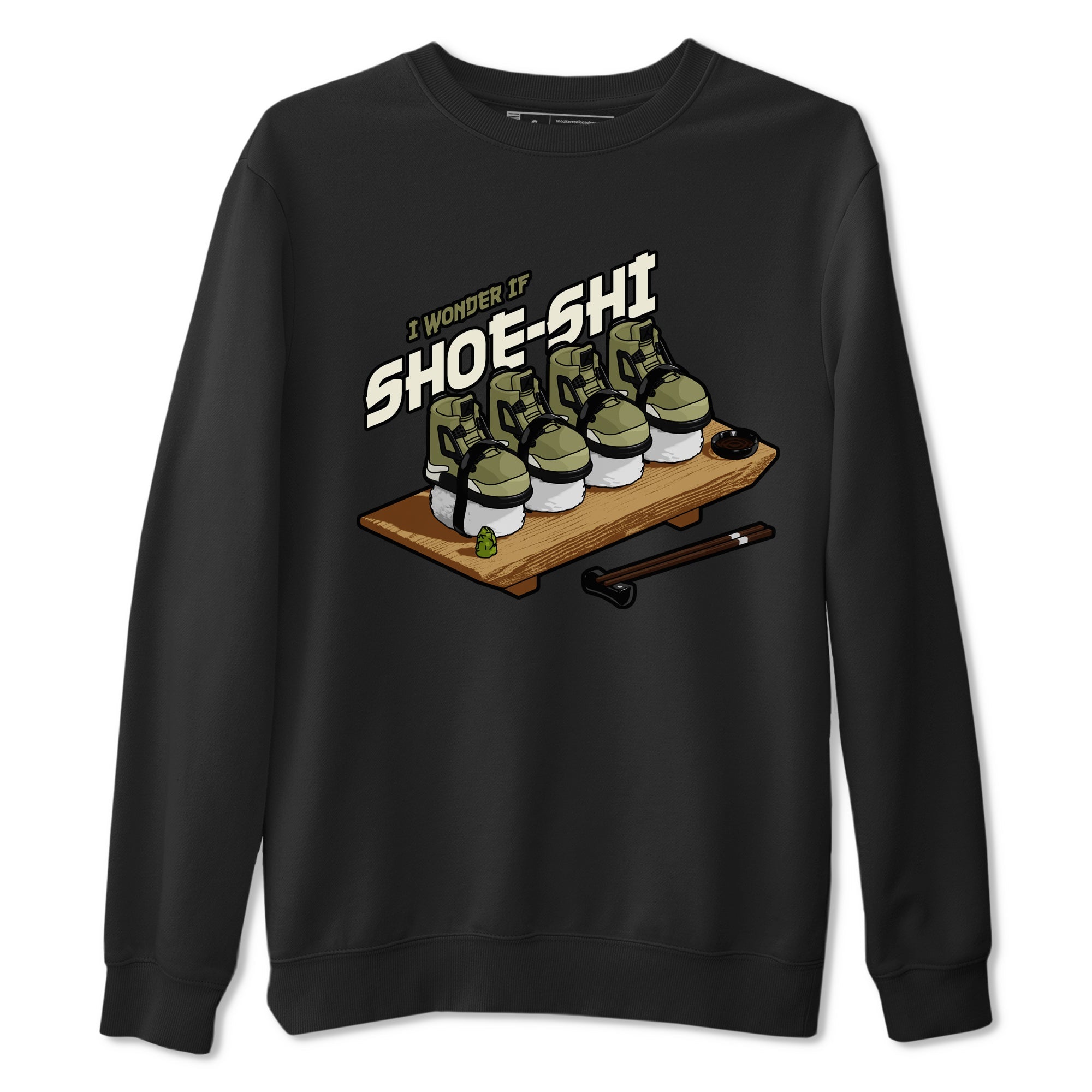 Air Jordan 4 Medium Olive shirt to match jordans streetwear brand Shoe-Shi sneaker tees AJ4 Medium Olive Drip Gear Zone Unisex Black 2 T-Shirt