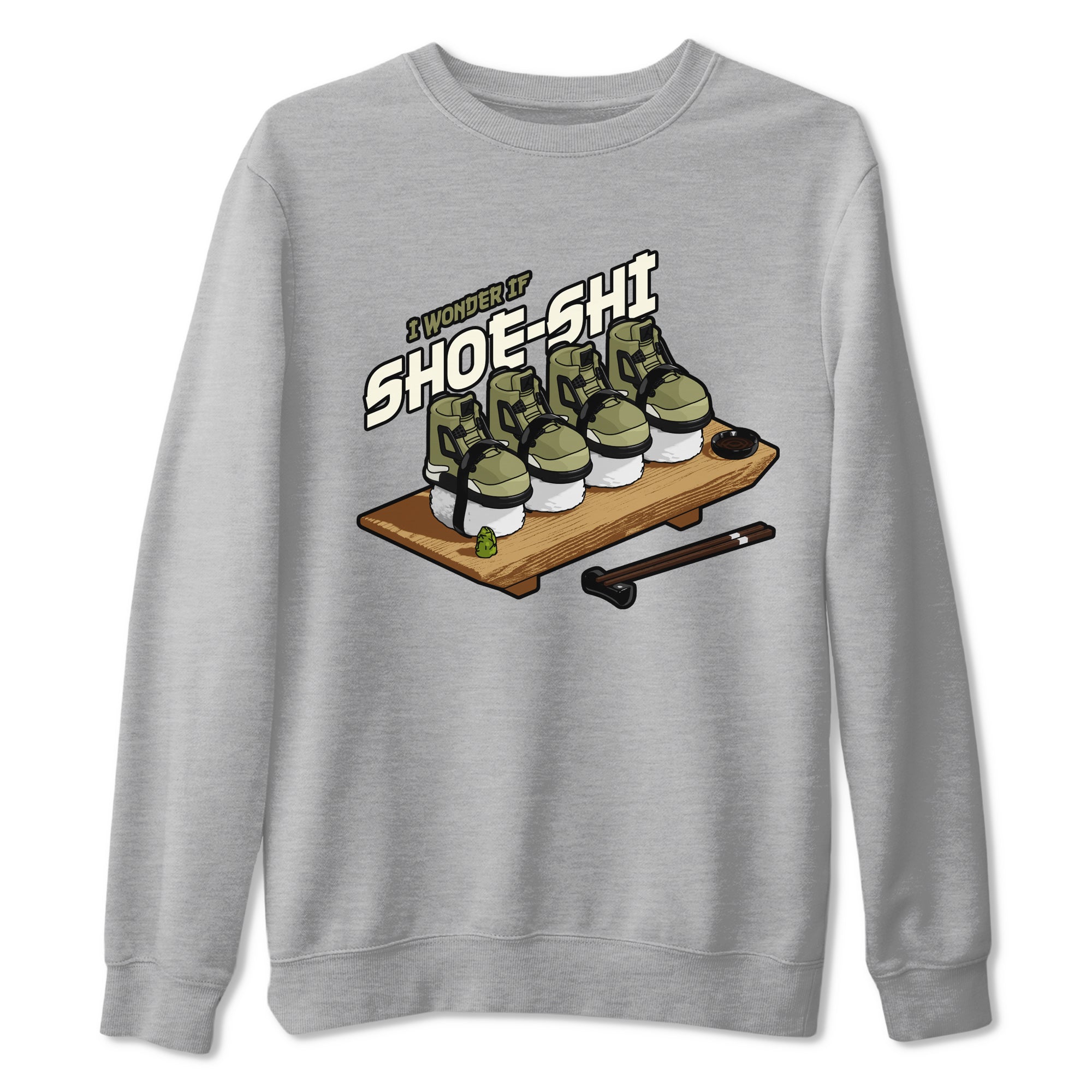 Air Jordan 4 Medium Olive shirt to match jordans streetwear brand Shoe-Shi sneaker tees AJ4 Medium Olive Drip Gear Zone Unisex Heather Grey 2 T-Shirt