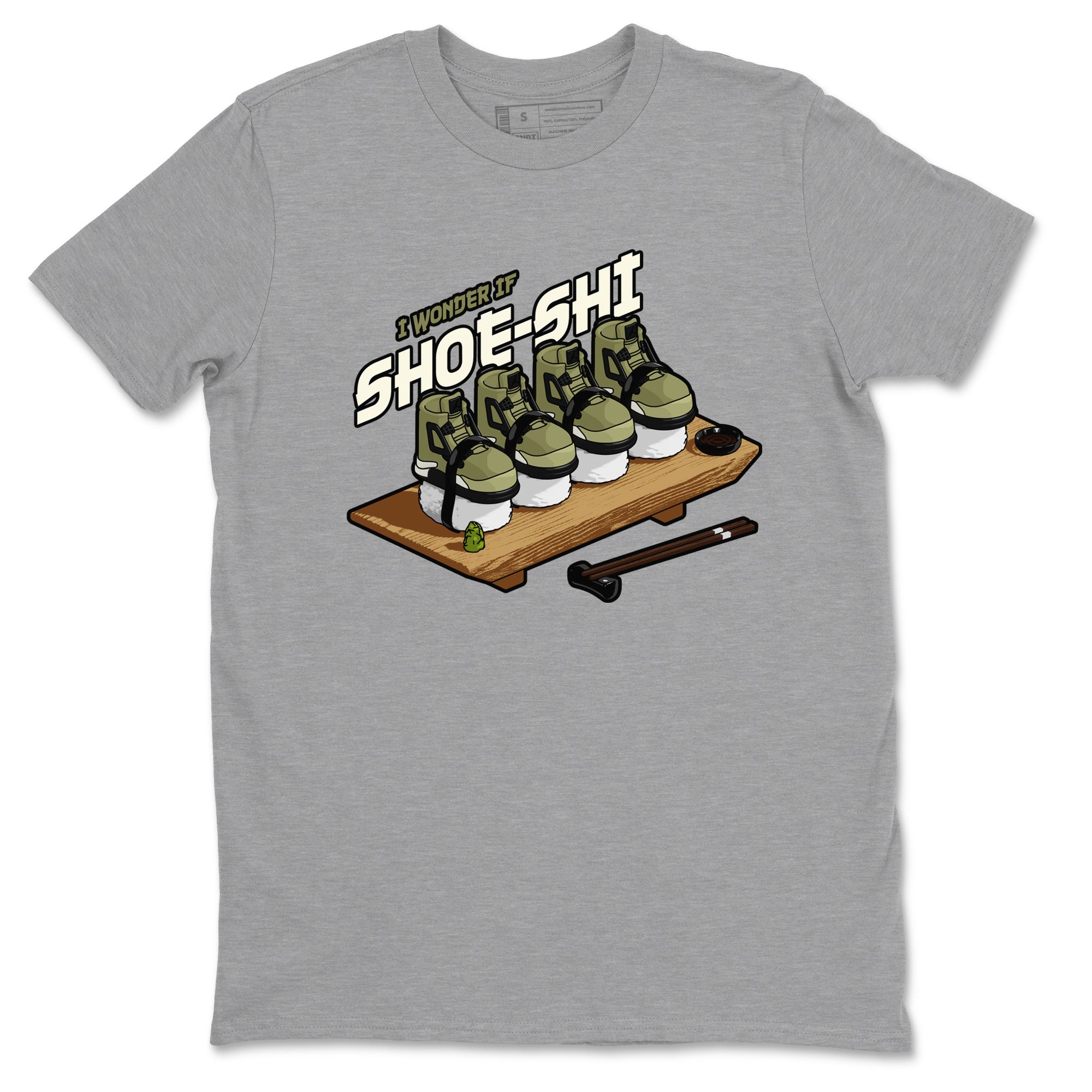 Air Jordan 4 Medium Olive shirt to match jordans streetwear brand Shoe-Shi sneaker tees AJ4 Medium Olive Drip Gear Zone Unisex Heather Grey 2 T-Shirt