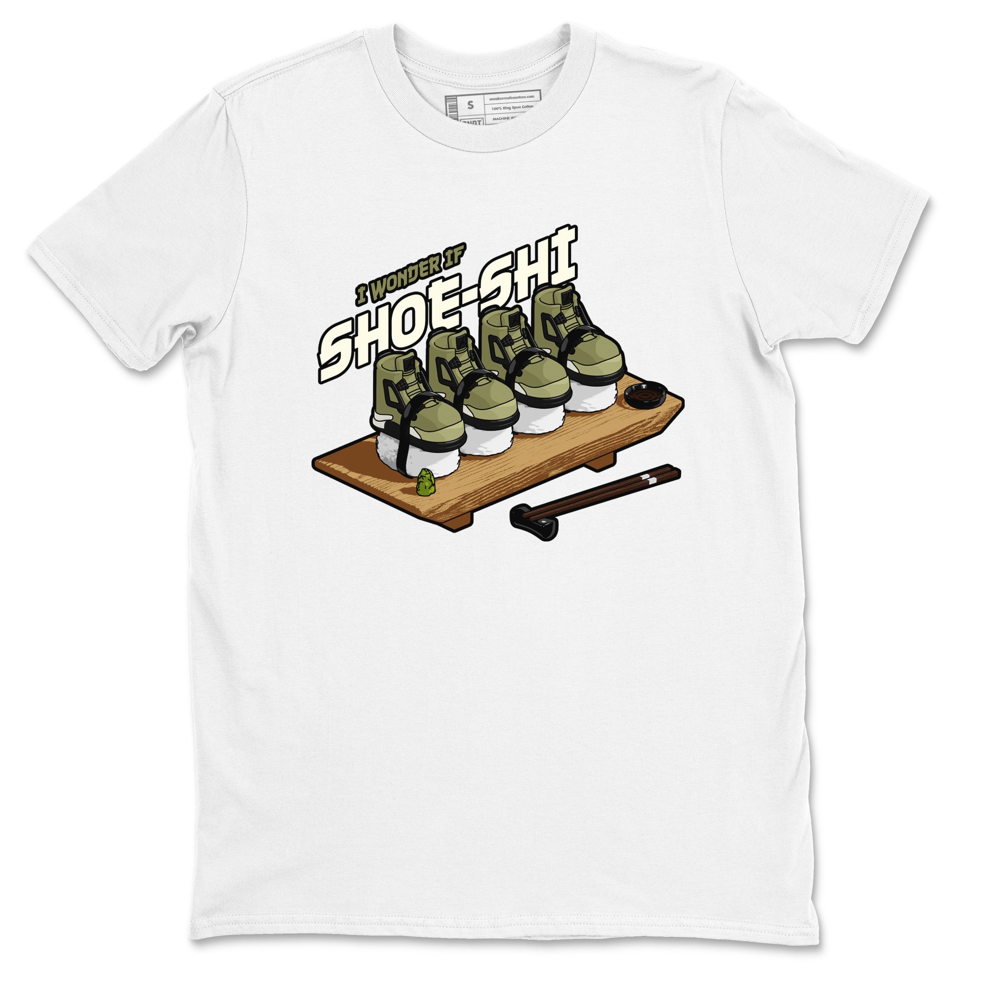 Air Jordan 4 Medium Olive shirt to match jordans streetwear brand Shoe-Shi sneaker tees AJ4 Medium Olive Drip Gear Zone Unisex White 2 T-Shirt