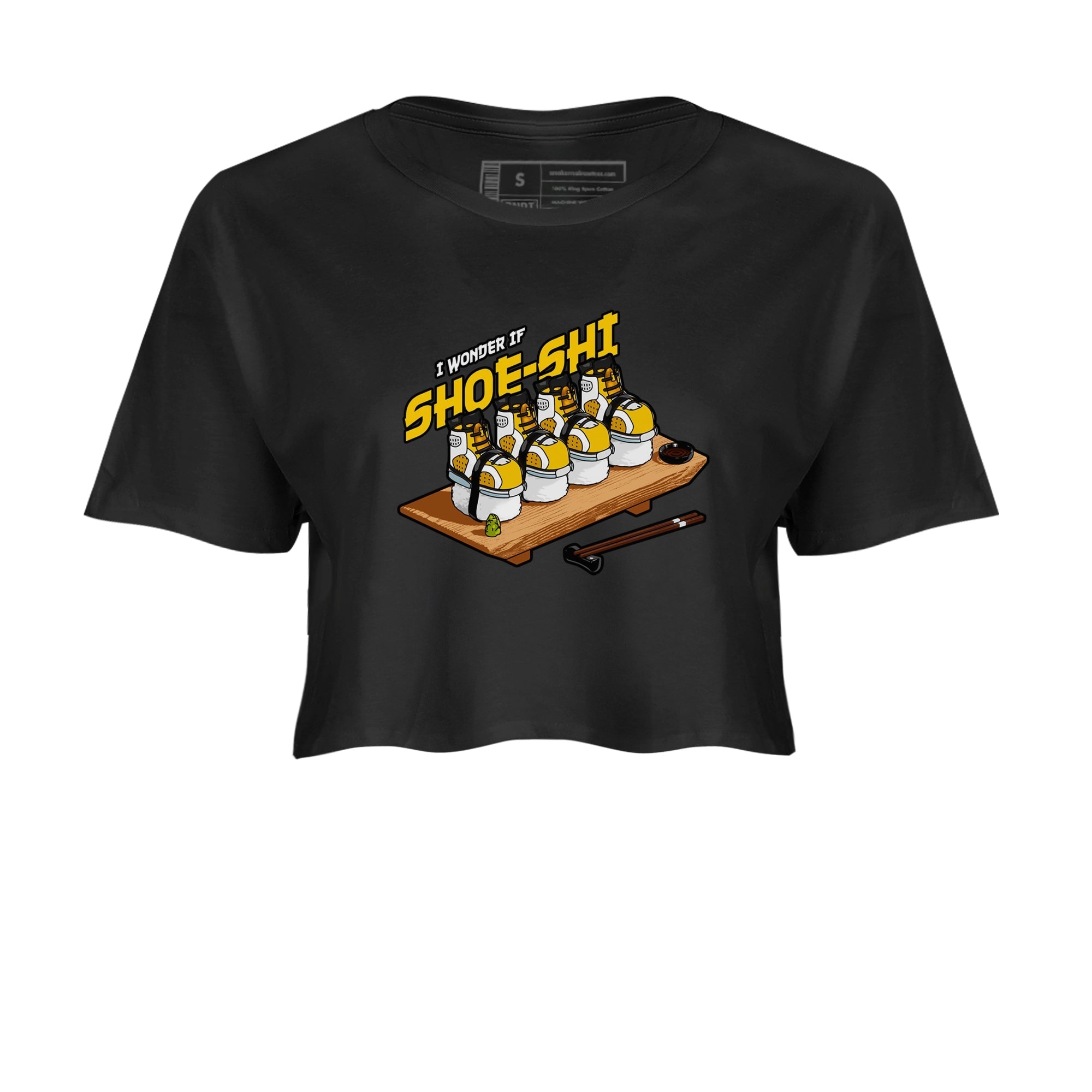 Air Jordan 6 Yellow Ochre shirt to match jordans Shoe-Shi sneaker tees streetwear brand AJ6 Yellow Ochre Drip Gear Zone Brand Black 2 Crop T-Shirt
