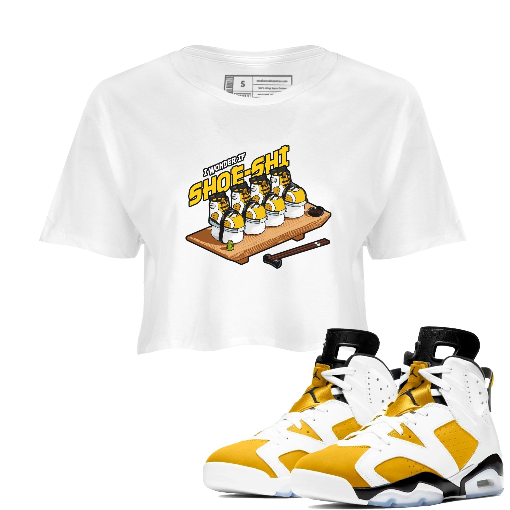 Air Jordan 6 Yellow Ochre shirt to match jordans Shoe-Shi sneaker tees streetwear brand AJ6 Yellow Ochre Drip Gear Zone Brand White 1 Crop T-Shirt