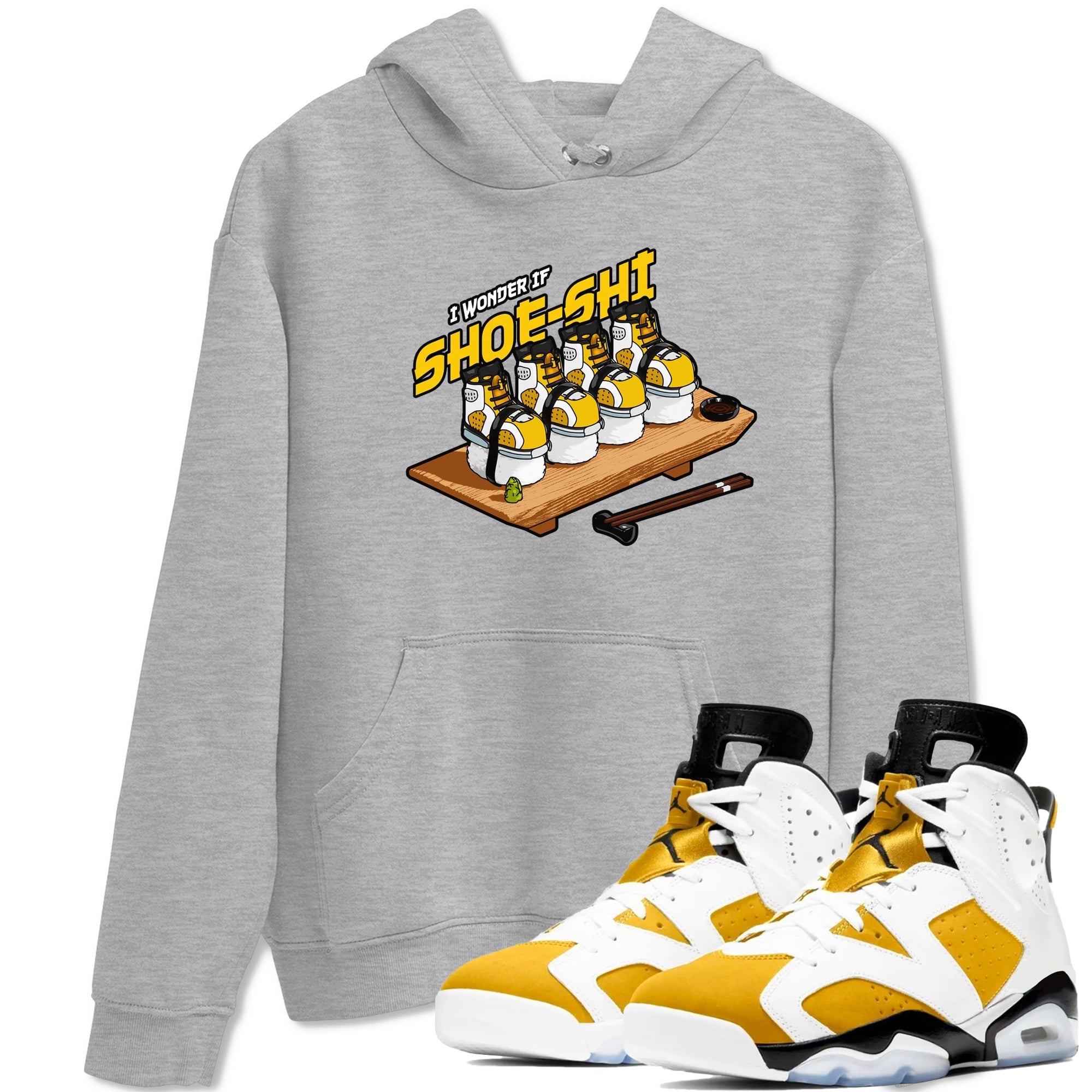 Air Jordan 6 Yellow Ochre shirt to match jordans Shoe-Shi sneaker tees streetwear brand AJ6 Yellow Ochre Drip Gear Zone Brand Unisex Heather Grey 1 T-Shirt