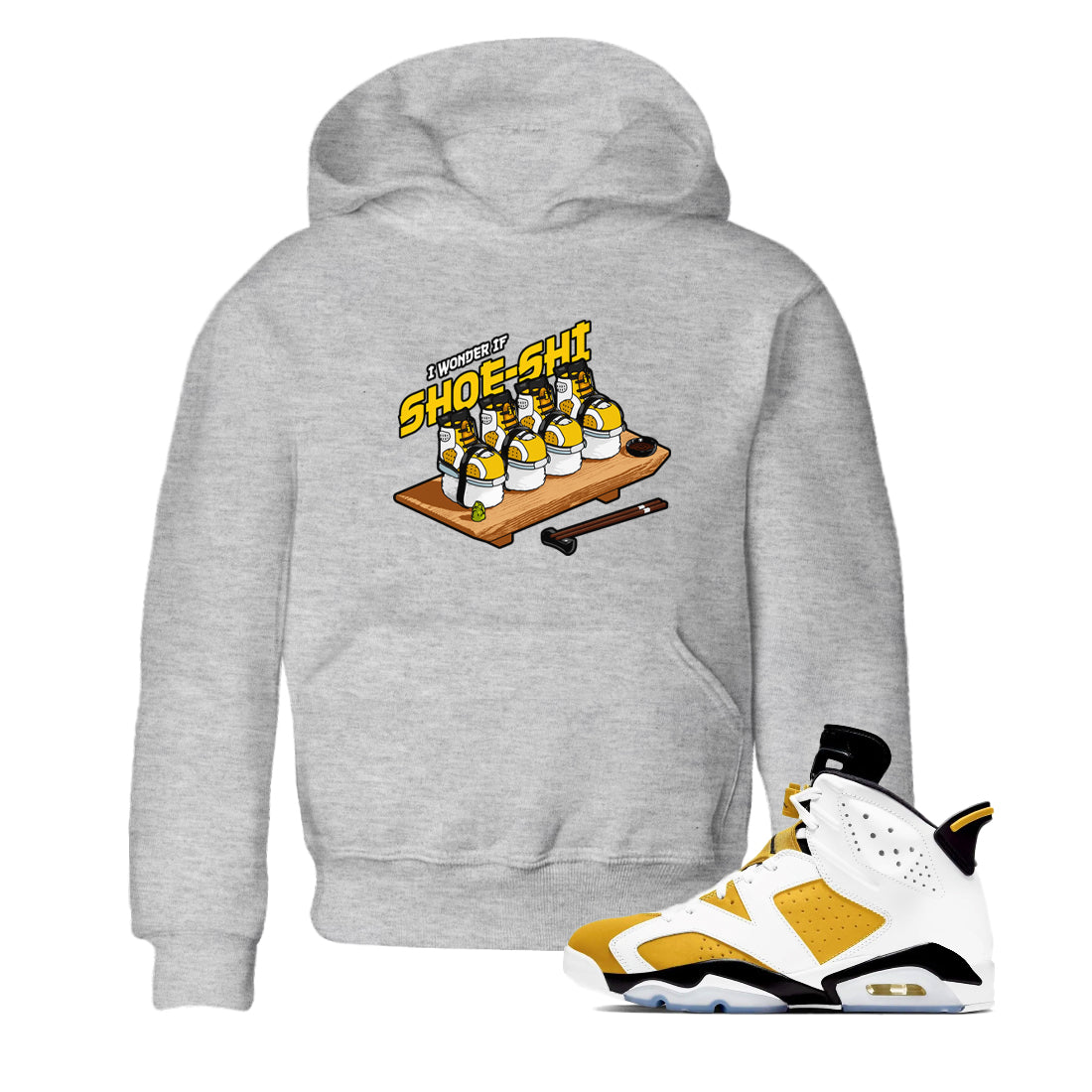 Air Jordan 6 Yellow Ochre shirt to match jordans Shoe-Shi sneaker tees streetwear brand AJ6 Yellow Ochre Drip Gear Zone Brand Baby Toddler Heather Grey 1 T-Shirt