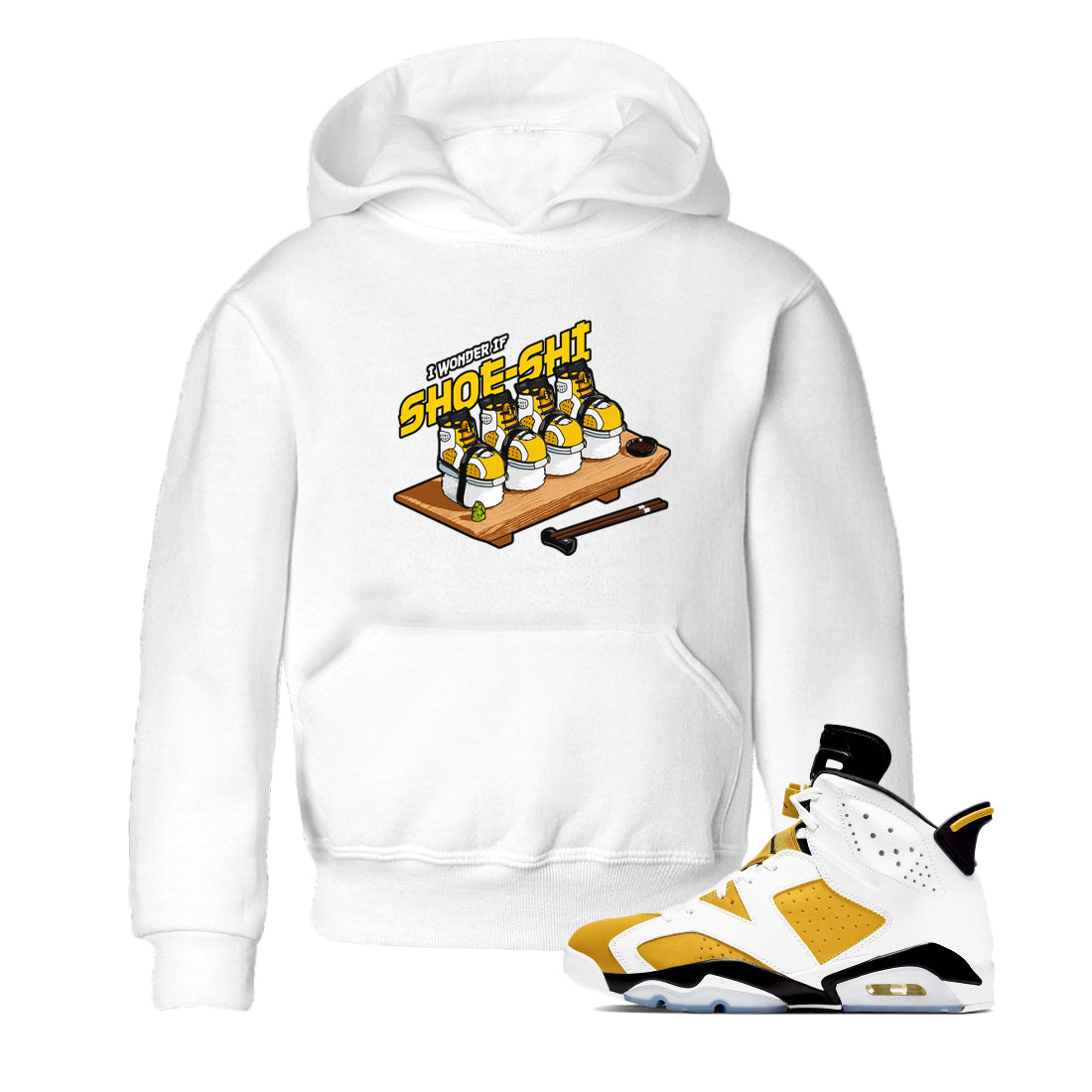 Air Jordan 6 Yellow Ochre shirt to match jordans Shoe-Shi sneaker tees streetwear brand AJ6 Yellow Ochre Drip Gear Zone Brand Baby Toddler White 1 T-Shirt