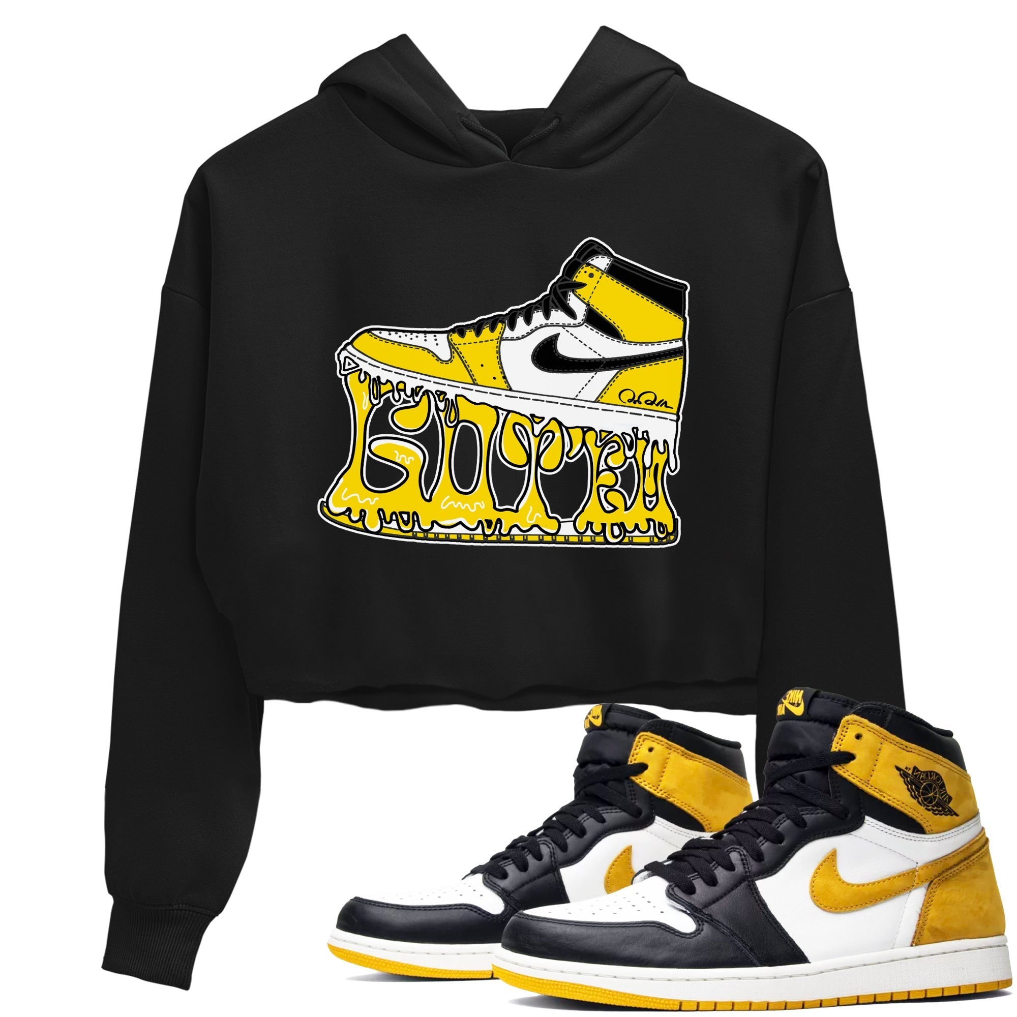 1s Yellow Ochre shirt to match jordans Shoe Stuck sneaker tees streetwear brand Air Jordan 1 Yellow Ochre Drip Gear Zone Brand Black 1 crop length shirt