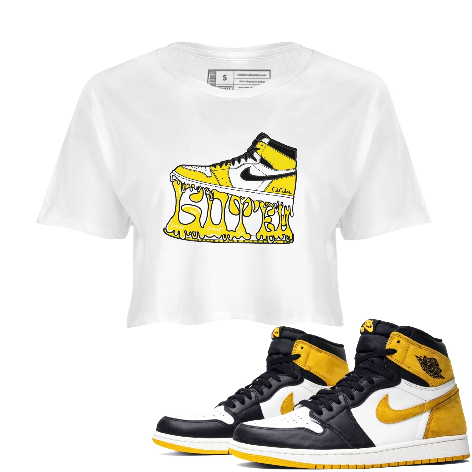 1s Yellow Ochre shirt to match jordans Shoe Stuck sneaker tees streetwear brand Air Jordan 1 Yellow Ochre Drip Gear Zone Brand White 1 crop length shirt