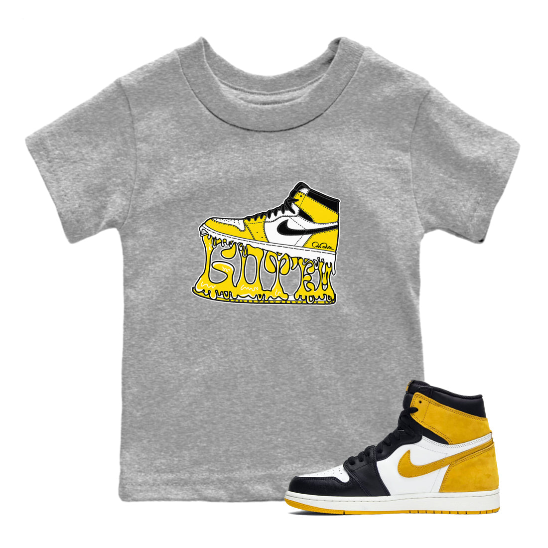 1s Yellow Ochre shirt to match jordans Shoe Stuck sneaker tees streetwear brand Air Jordan 1 Yellow Ochre Drip Gear Zone Brand baby toddler Heather Grey 1 cotton Shirt