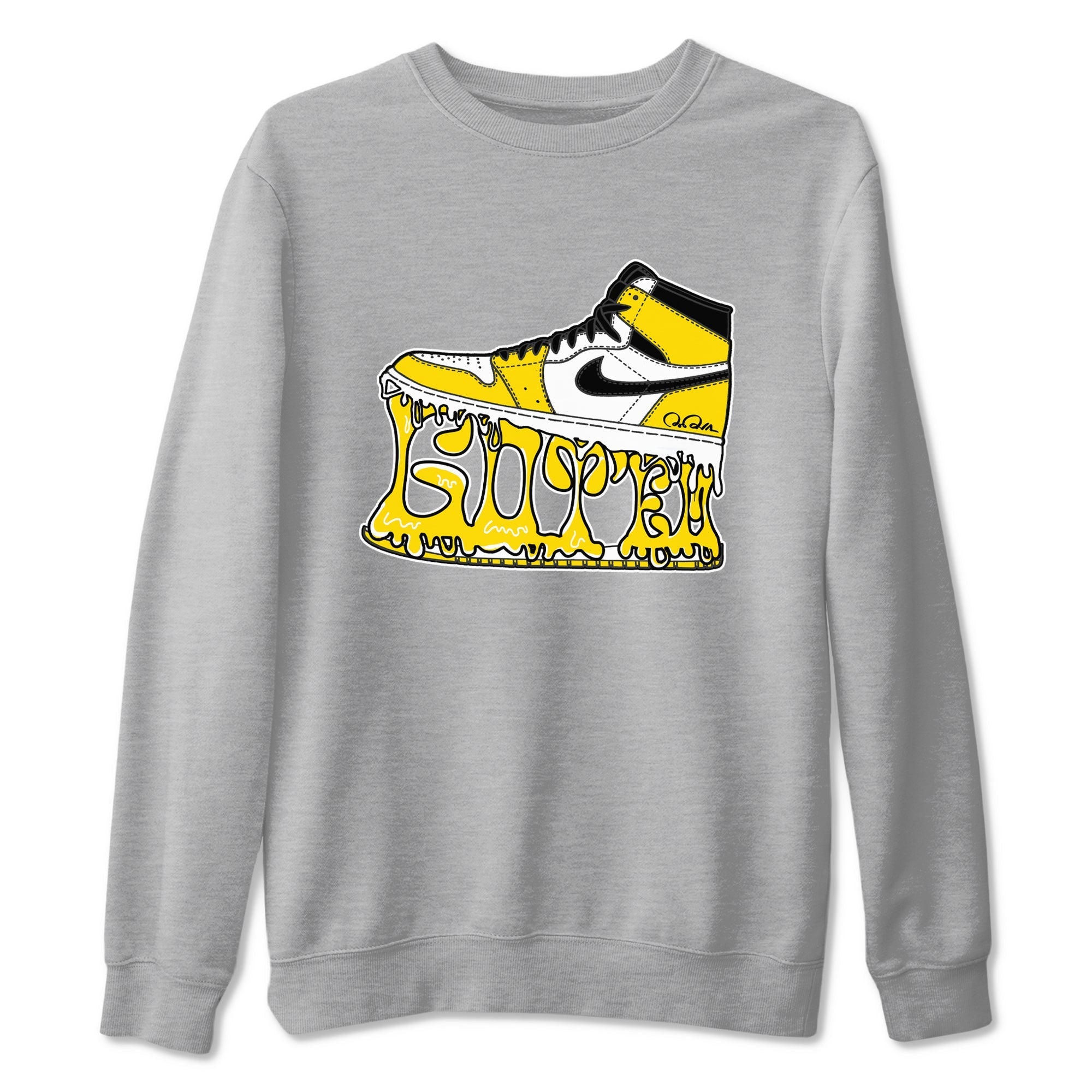1s Yellow Ochre shirt to match jordans Shoe Stuck sneaker tees streetwear brand Air Jordan 1 Yellow Ochre Drip Gear Zone Brand unisex cotton Heather Grey 2 crew neck shirt