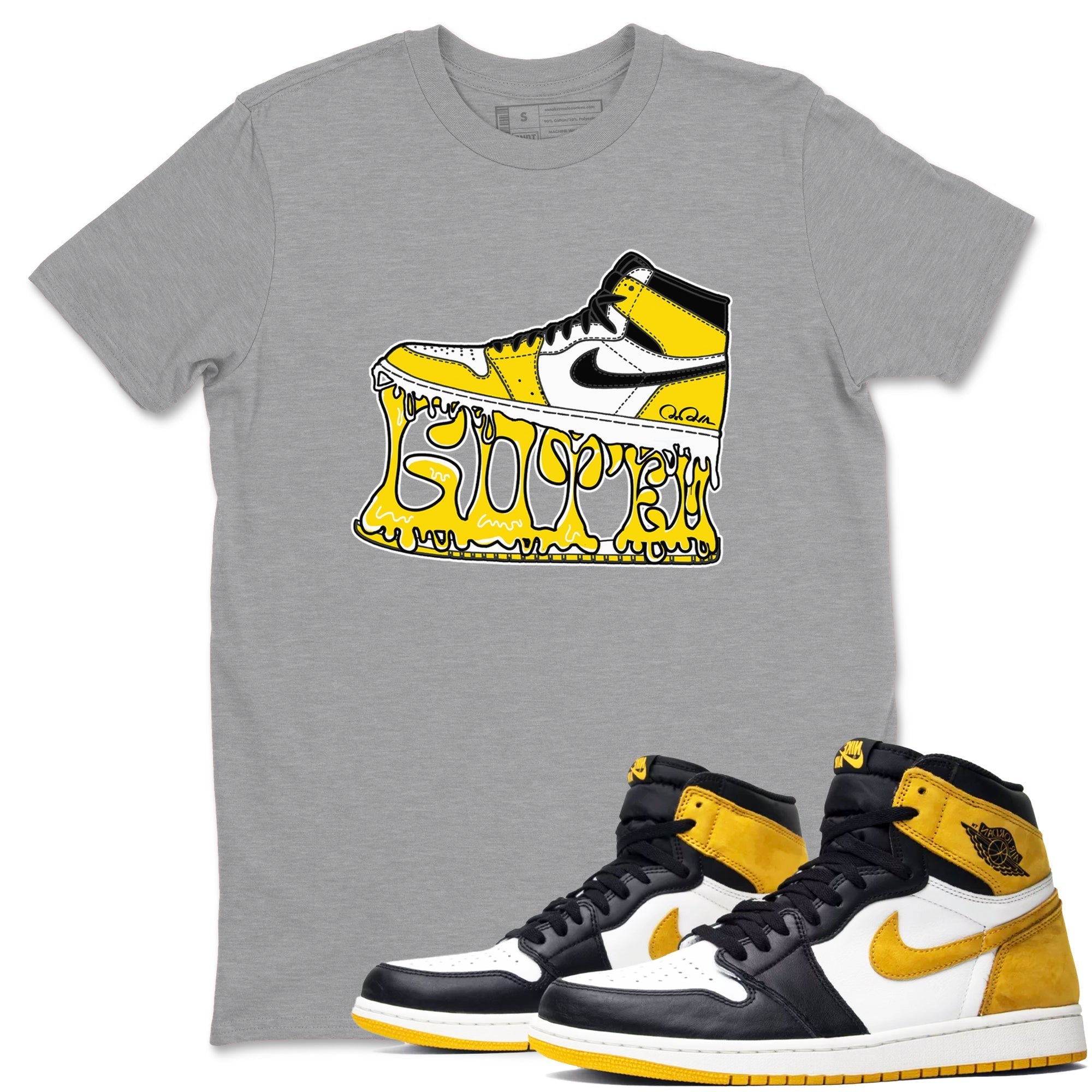 1s Yellow Ochre shirt to match jordans Shoe Stuck sneaker tees streetwear brand Air Jordan 1 Yellow Ochre Drip Gear Zone Brand unisex cotton Heather Grey 1 crew neck shirt