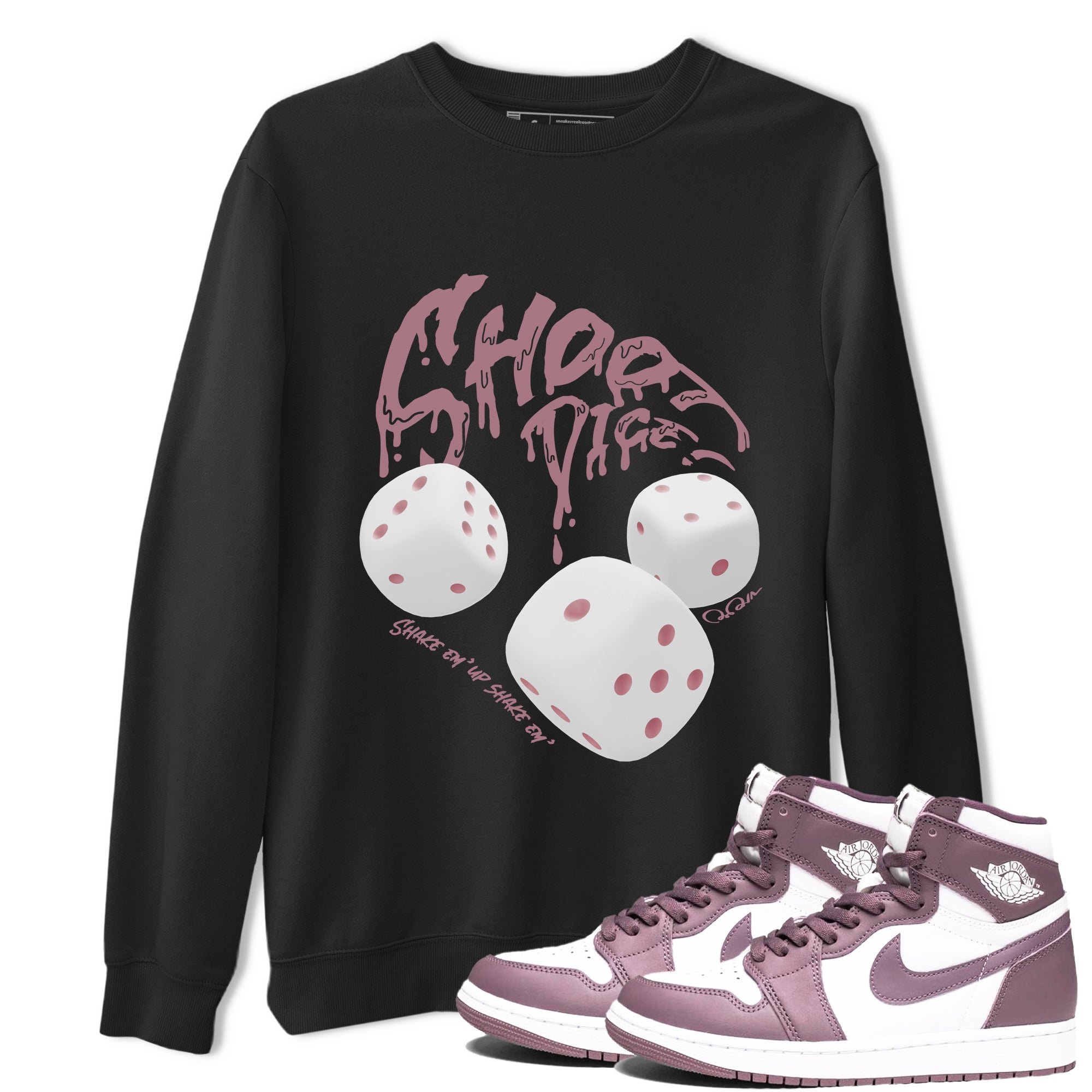 Air Jordan 1 Mauve shirt to match jordans Shoot Dice crew neck streetwear t-shirt AJ1Mauve Drip Gear Zone Unisex Black 1 Sneaker Matching Tee