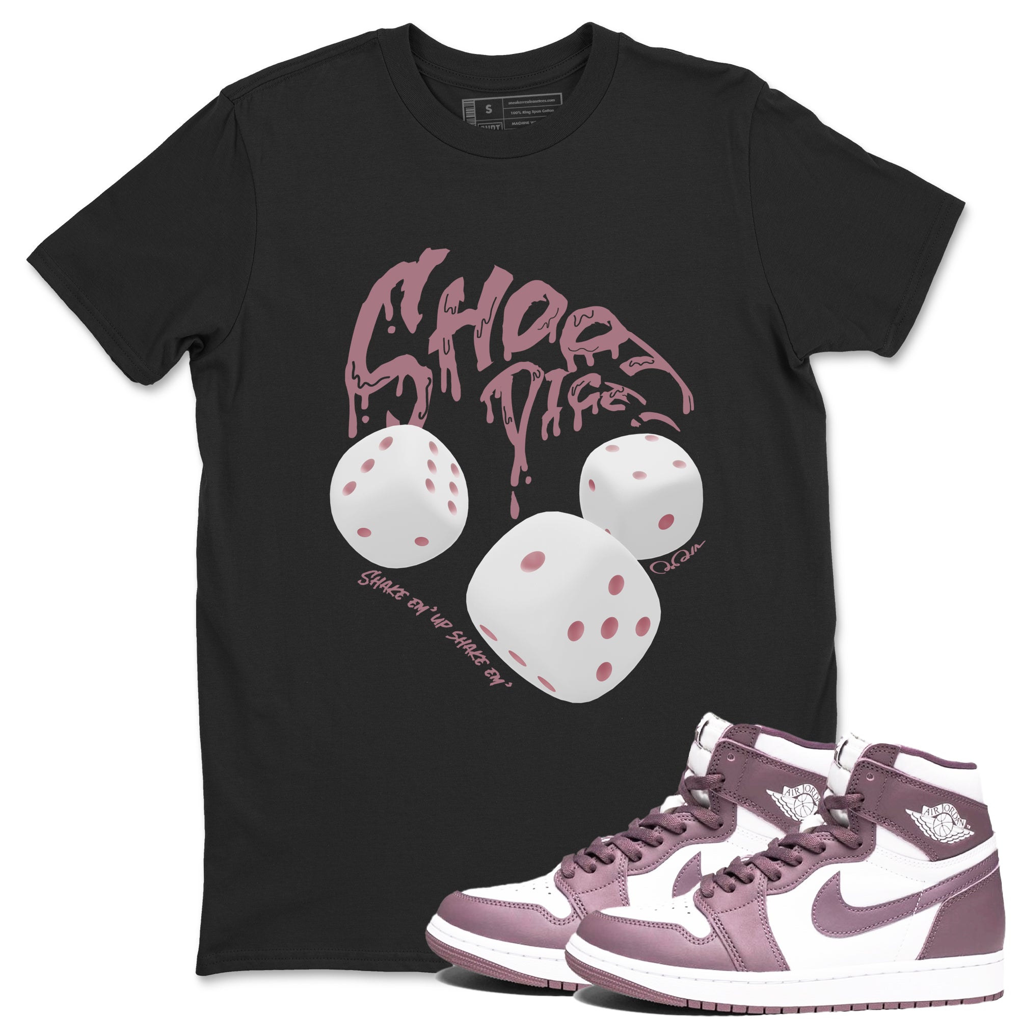Air Jordan 1 Mauve shirt to match jordans Shoot Dice crew neck streetwear t-shirt AJ1Mauve Drip Gear Zone Unisex Black 1 Sneaker Matching Tee
