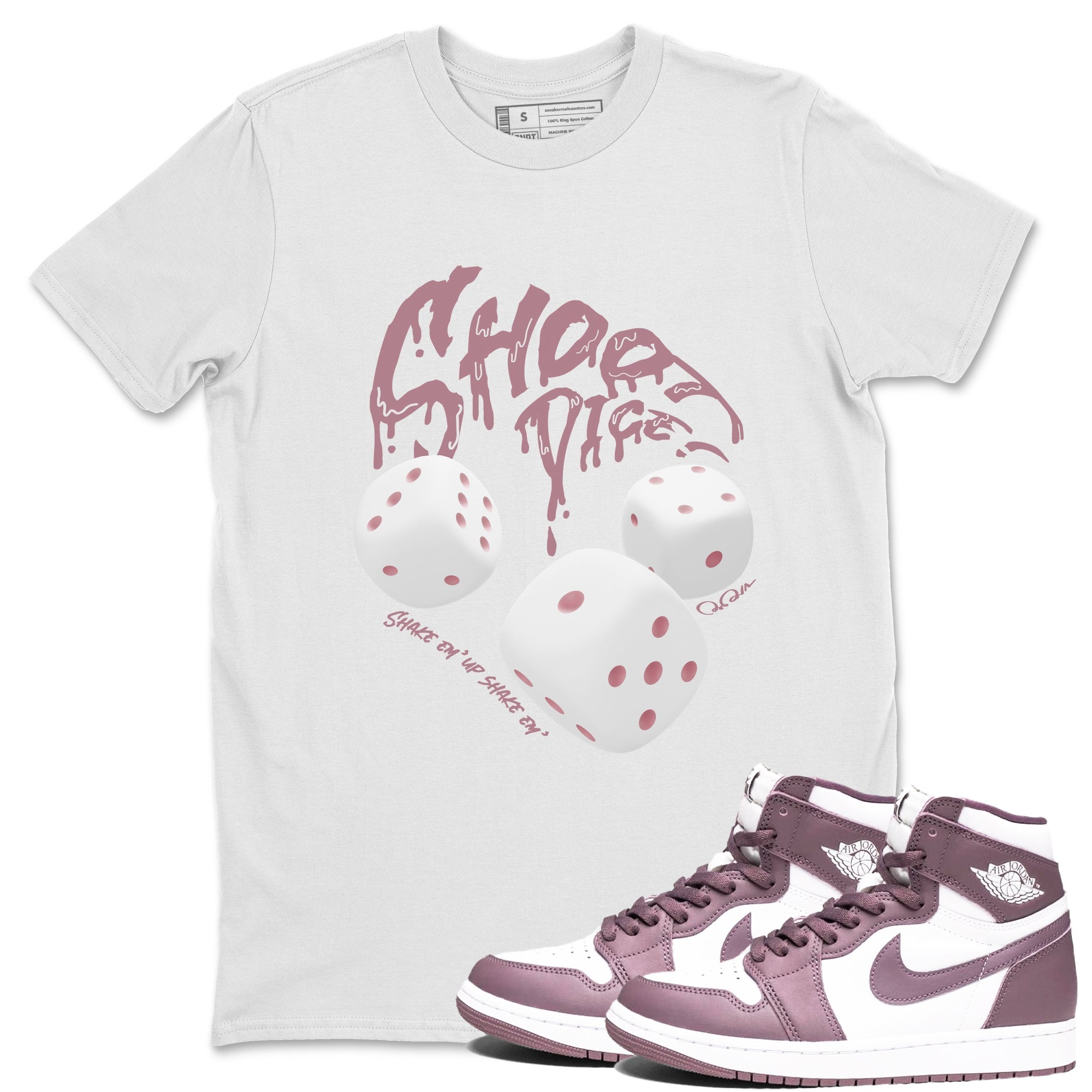 Air Jordan 1 Mauve shirt to match jordans Shoot Dice crew neck streetwear t-shirt AJ1Mauve Drip Gear Zone Unisex White 1 Sneaker Matching Tee
