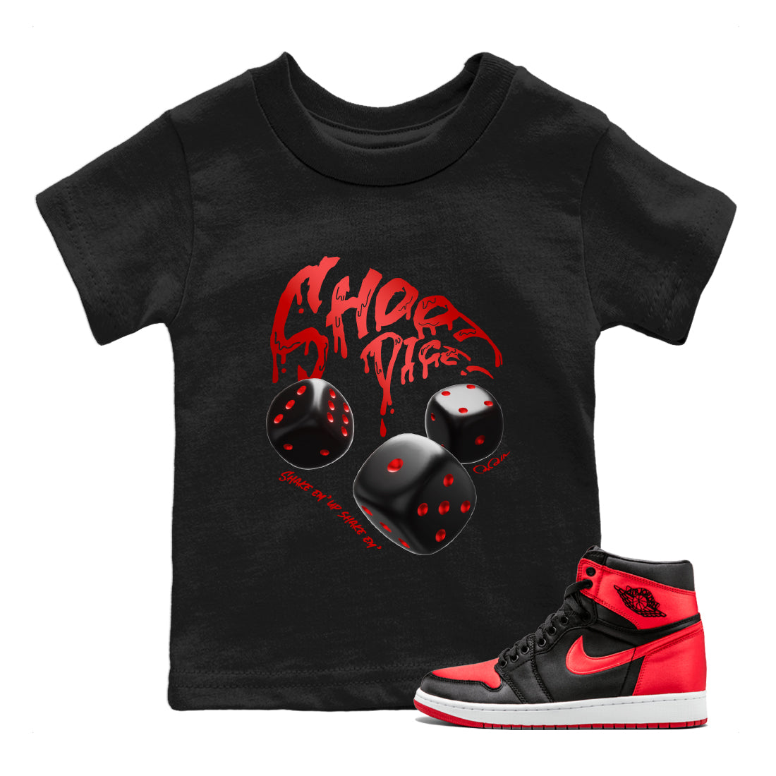 Air Jordan 1 Satin Bred Sneaker Match Tees Shoot Dice Sneaker Tees AJ1 Satin Bred Sneaker Release Tees Kids Shirts Black 1