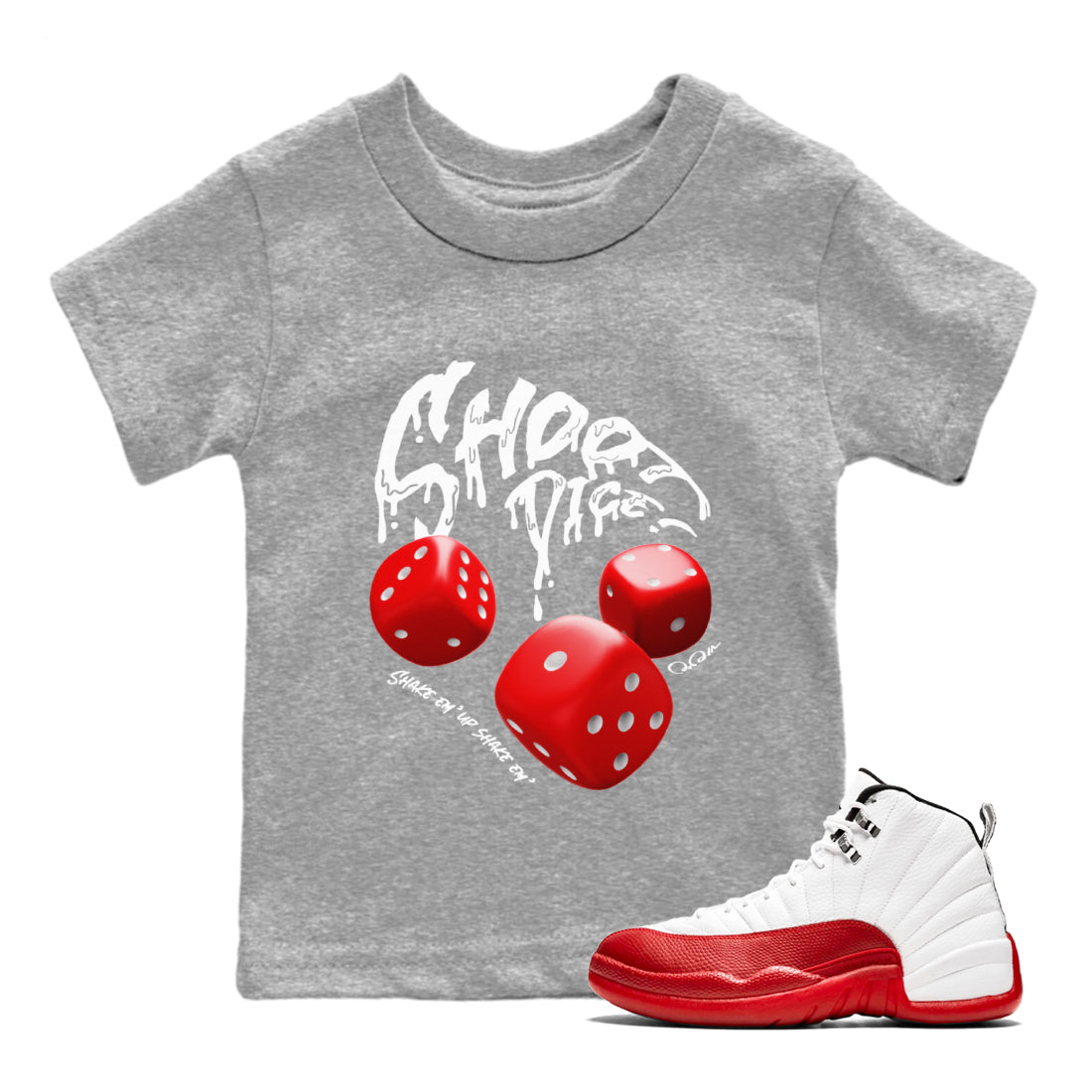 Air Jordan 12 Cherry Sneaker Match Tees Shoot Dice Streetwear Sneaker Shirt AJ12 Cherry Sneaker Release Tees Kids Shirts Heather Grey 1