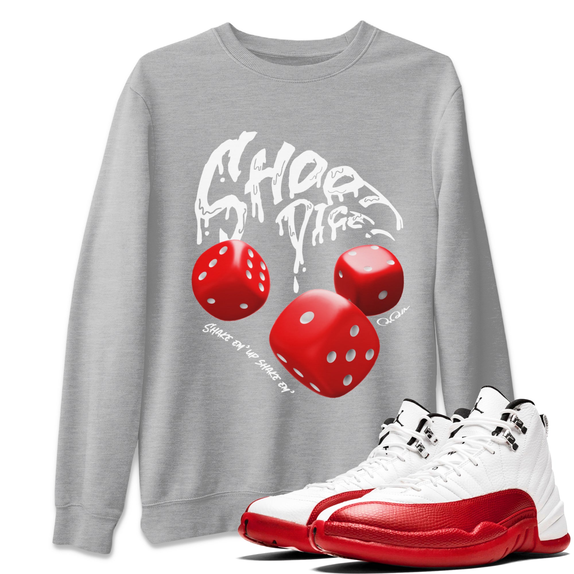 Air Jordan 12 Cherry Sneaker Match Tees Shoot Dice Streetwear Sneaker Shirt AJ12 Cherry Sneaker Release Tees Unisex Shirts Heather Grey 1