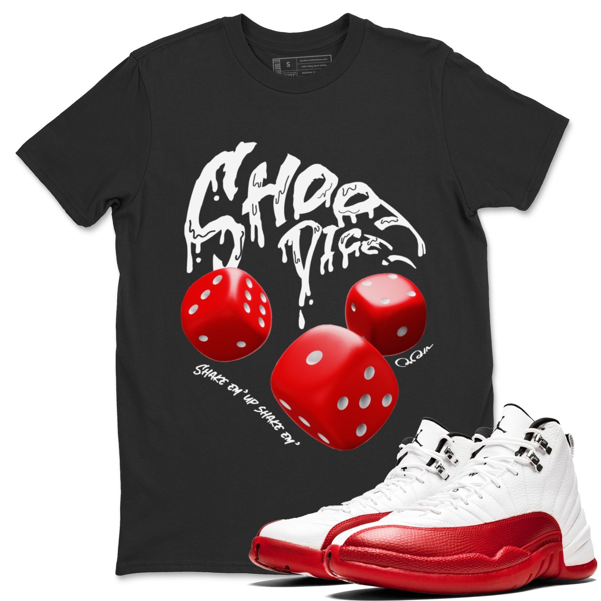 Air Jordan 12 Cherry Sneaker Match Tees Shoot Dice Streetwear Sneaker Shirt AJ12 Cherry Sneaker Release Tees Unisex Shirts Black 1