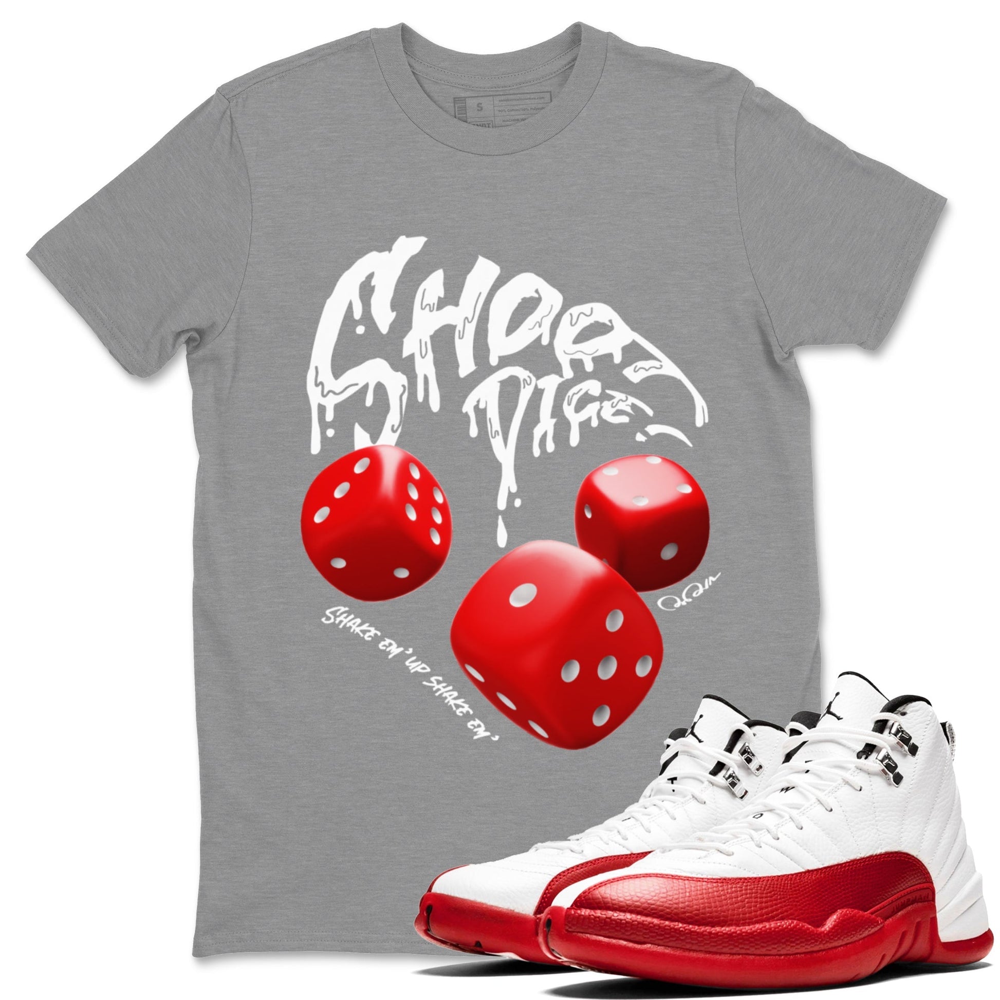 Air Jordan 12 Cherry Sneaker Match Tees Shoot Dice Streetwear Sneaker Shirt AJ12 Cherry Sneaker Release Tees Unisex Shirts Heather Grey 1