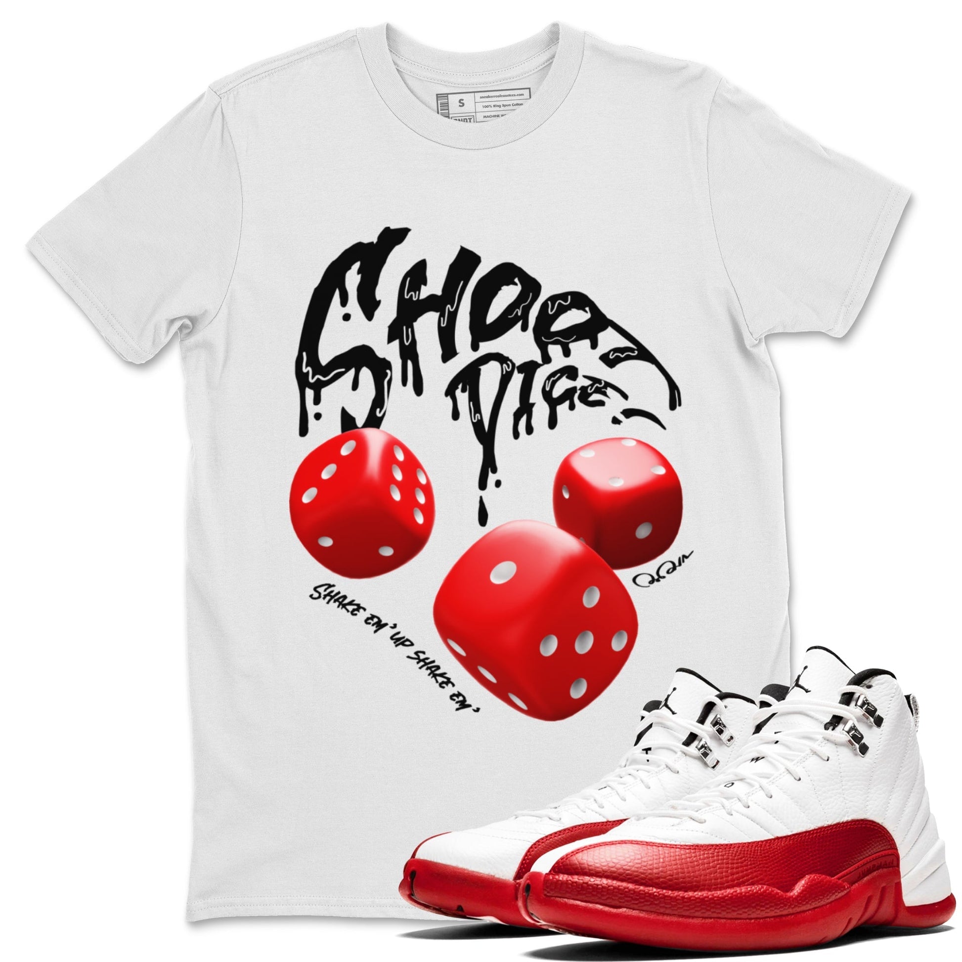 Air Jordan 12 Cherry Sneaker Match Tees Shoot Dice Streetwear Sneaker Shirt AJ12 Cherry Sneaker Release Tees Unisex Shirts White 1