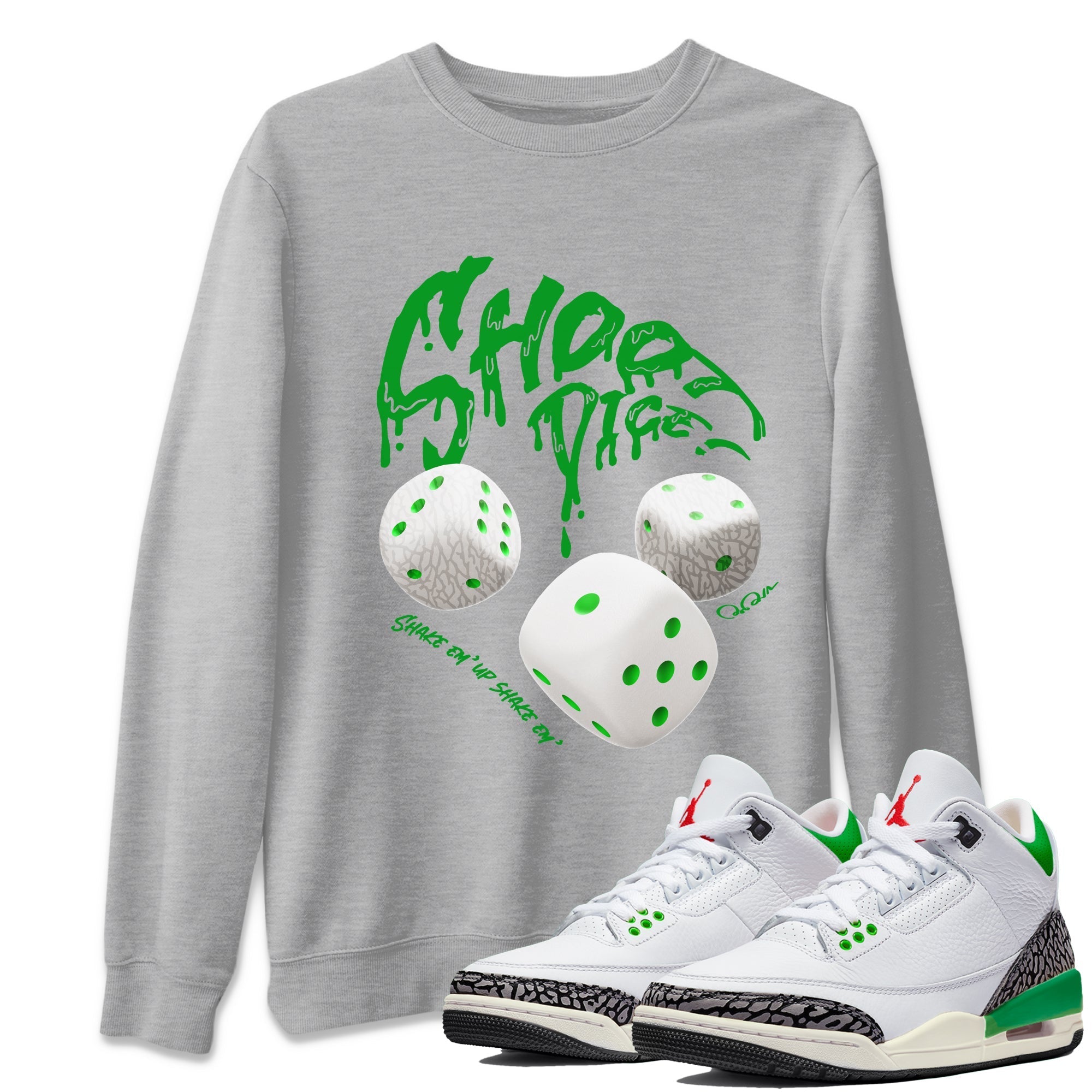 Air Jordan 3 Lucky Green Sneaker Match Tees Shoot Dice Streetwear Sneaker Shirt AJ3 Lucky Green Sneaker Release Tees Unisex Shirts Heather Grey 1