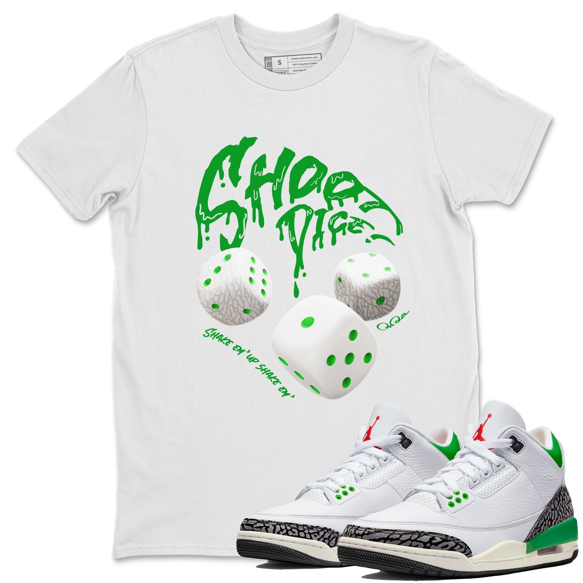 Air Jordan 3 Lucky Green Sneaker Match Tees Shoot Dice Streetwear Sneaker Shirt AJ3 Lucky Green Sneaker Release Tees Unisex Shirts White 1