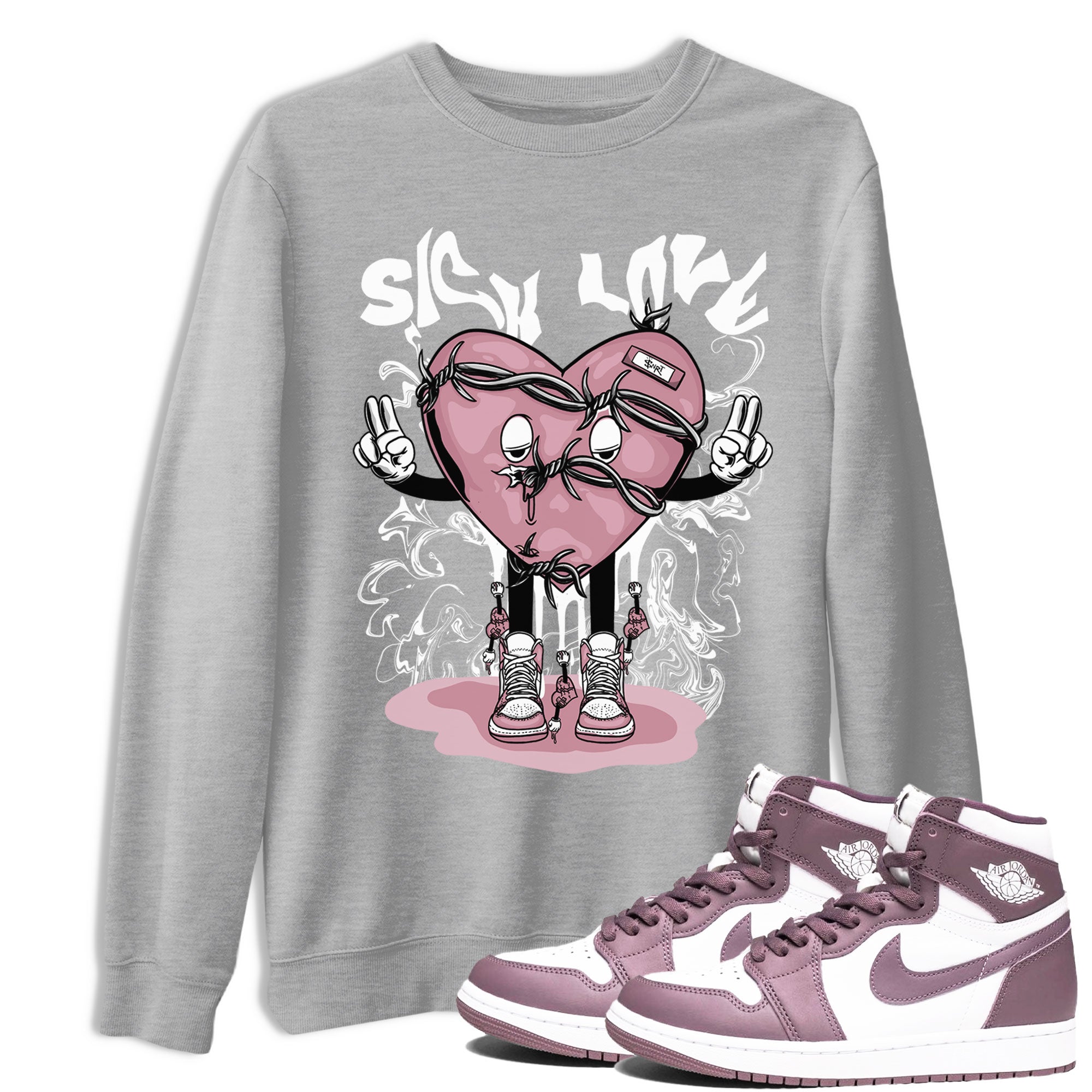Air Jordan 1 Mauve shirt to match jordans Sick Love crew neck streetwear t-shirt AJ1 High OG Mauve Drip Gear Zone Crew Neck Sneaker Matching TeeUnisex Heather Grey 1 Sneaker Matching Tee