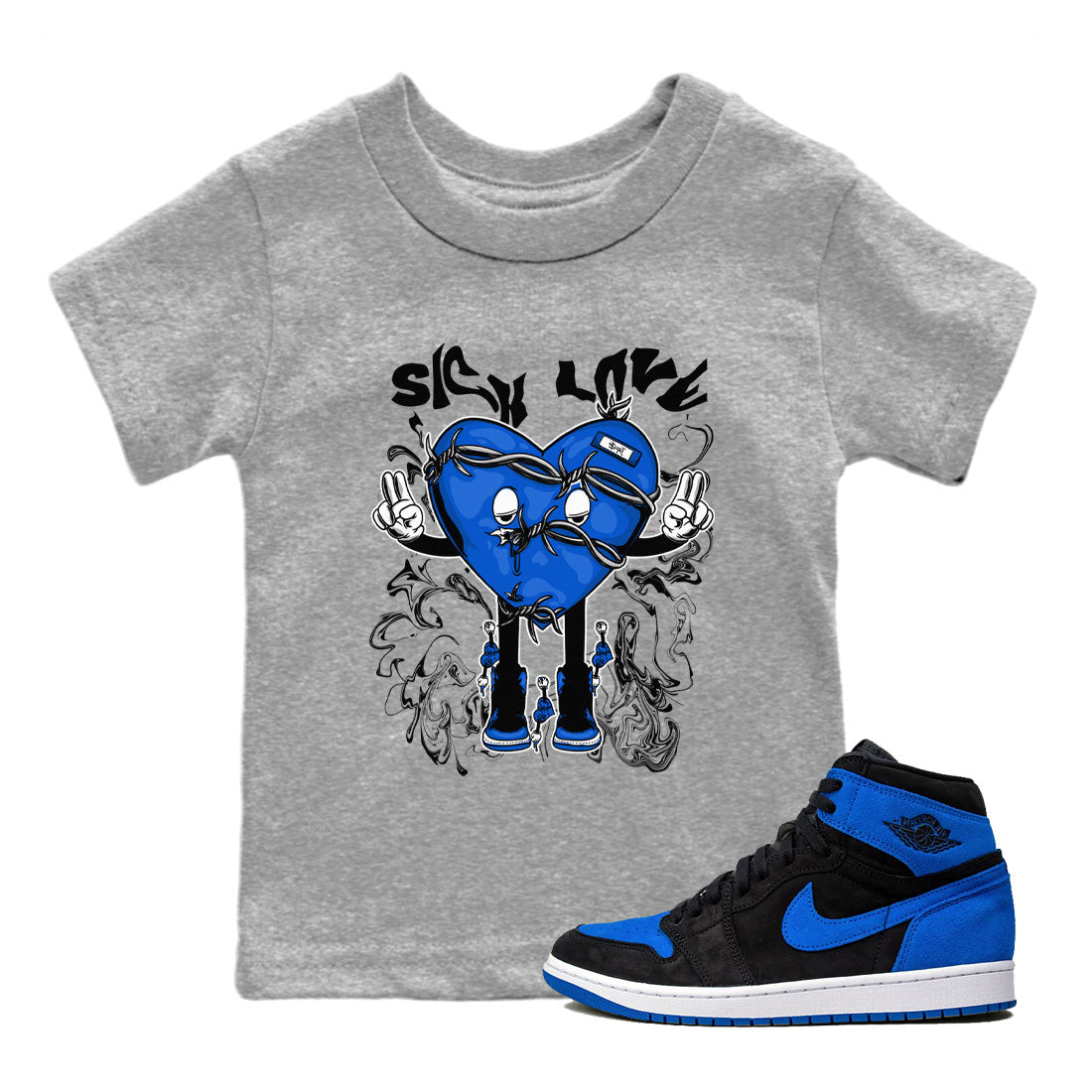 Jordan 1 High OG Royal Reimagined shirt to match jordans Sick Love sneaker tees Air Jordan 1 Royal Reimagined Drip Gear Zone Crew Neck T-ShirtBaby Toddler Heather Grey 1 T-Shirt