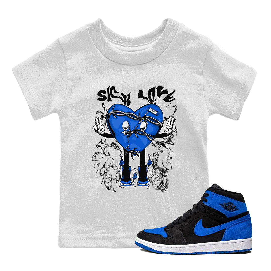 Jordan 1 High OG Royal Reimagined shirt to match jordans Sick Love sneaker tees Air Jordan 1 Royal Reimagined Drip Gear Zone Crew Neck T-ShirtBaby Toddler White 1 T-Shirt