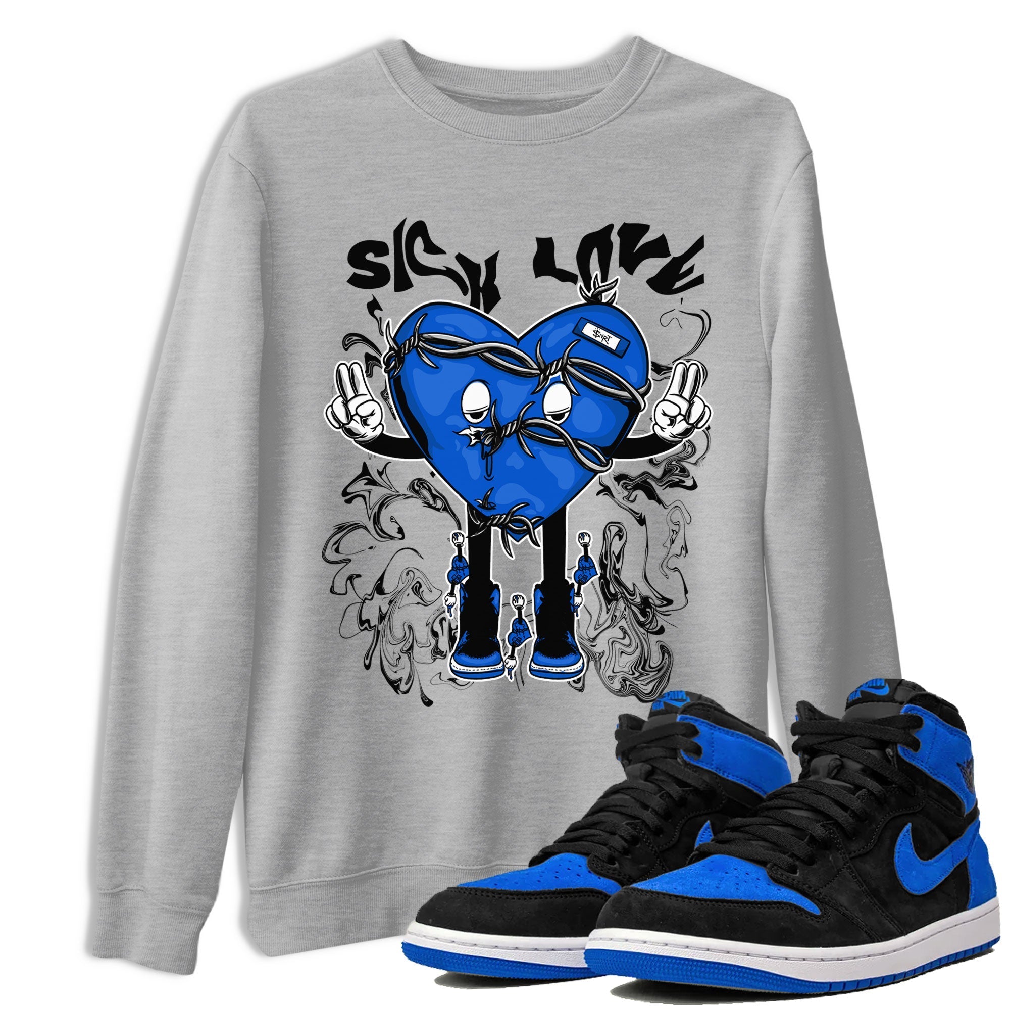 Jordan 1 High OG Royal Reimagined shirt to match jordans Sick Love sneaker tees Air Jordan 1 Royal Reimagined Drip Gear Zone Crew Neck T-ShirtUnisex Heather Grey 1 T-Shirt