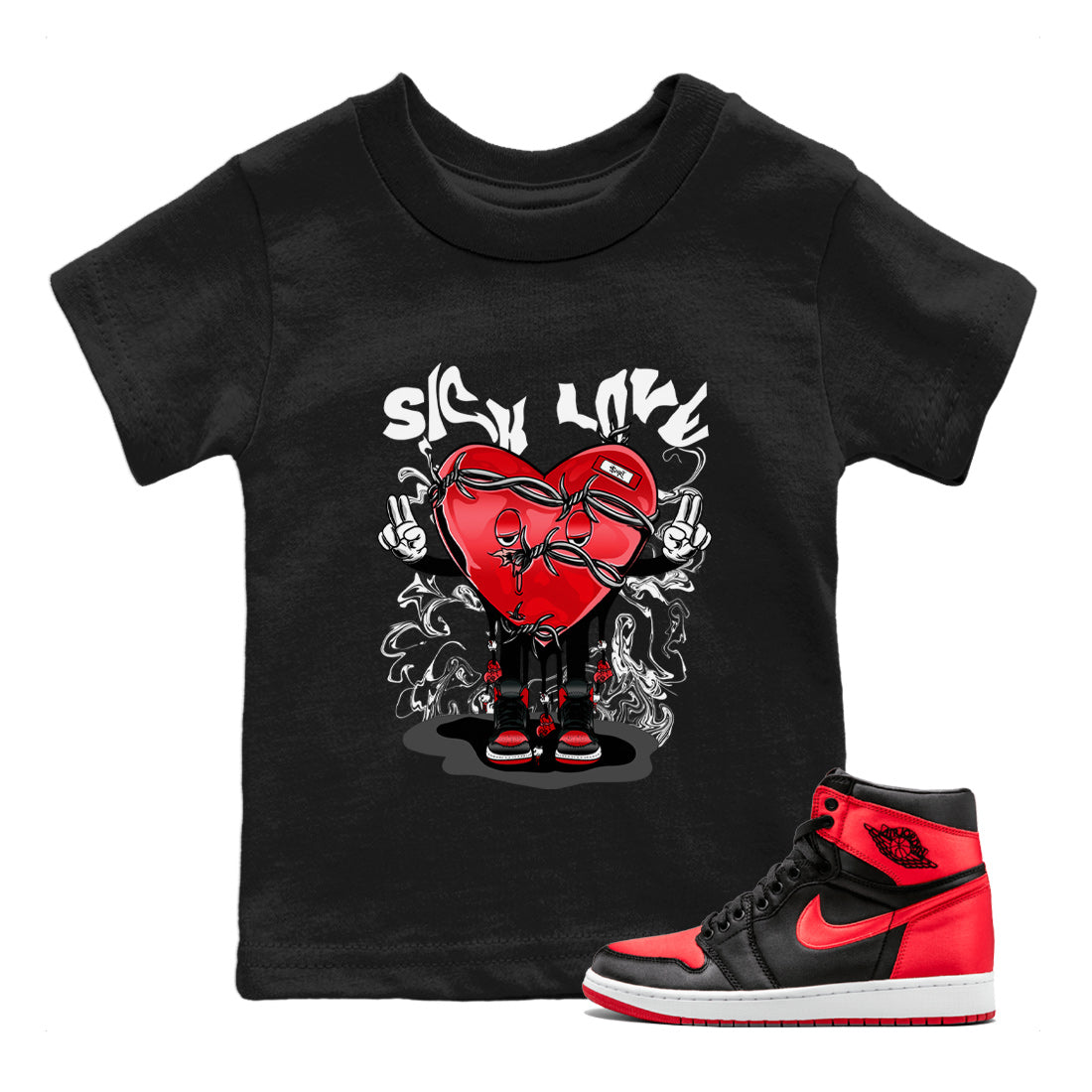 Air Jordan 1 Satin Bred Sneaker Match Tees Sick Love Streetwear Sneaker Shirt Jordan 1 High OG Satin Bred Sneaker Release Tees Kids Shirts Black 1