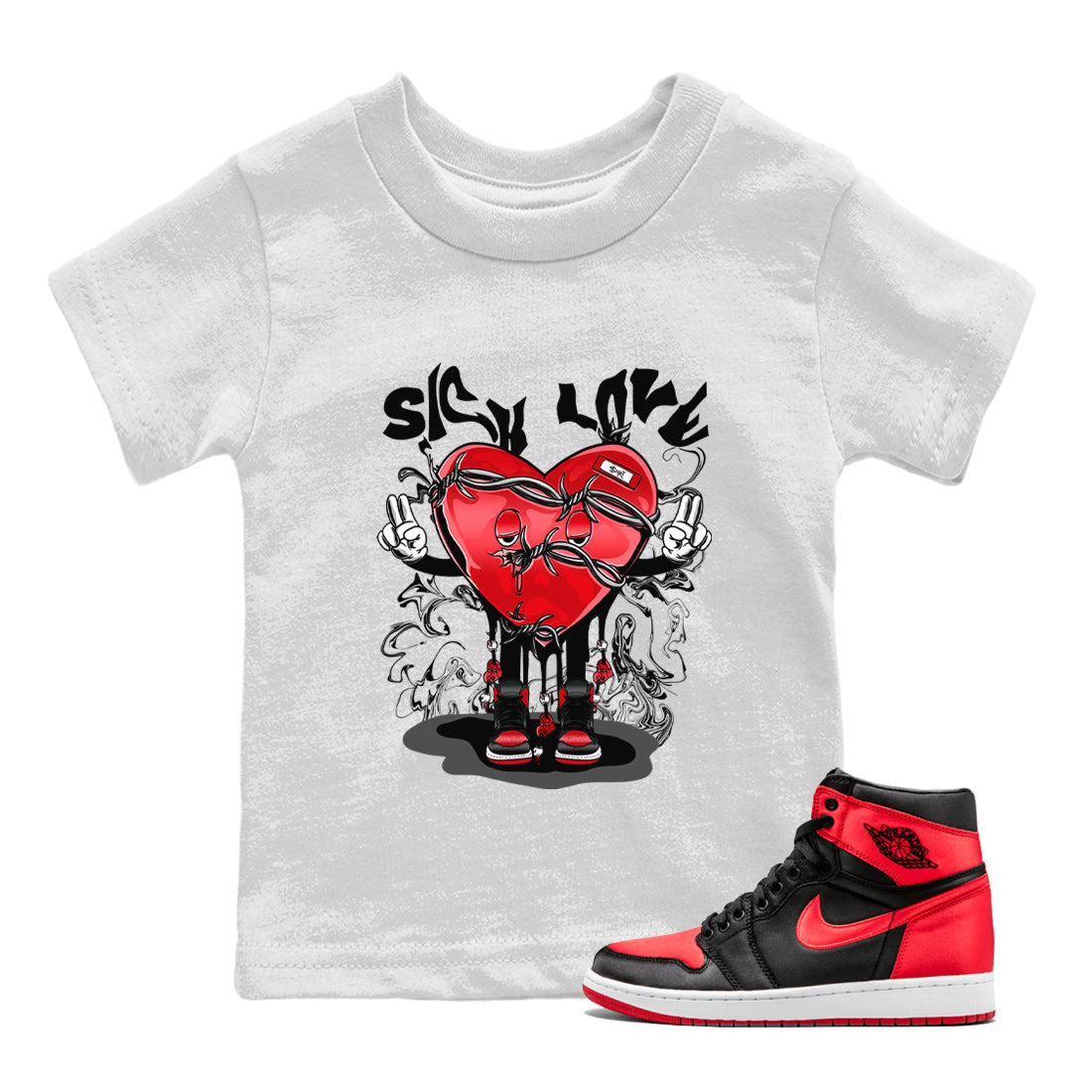 Air Jordan 1 Satin Bred Sneaker Match Tees Sick Love Streetwear Sneaker Shirt Jordan 1 High OG Satin Bred Sneaker Release Tees Kids Shirts White 1