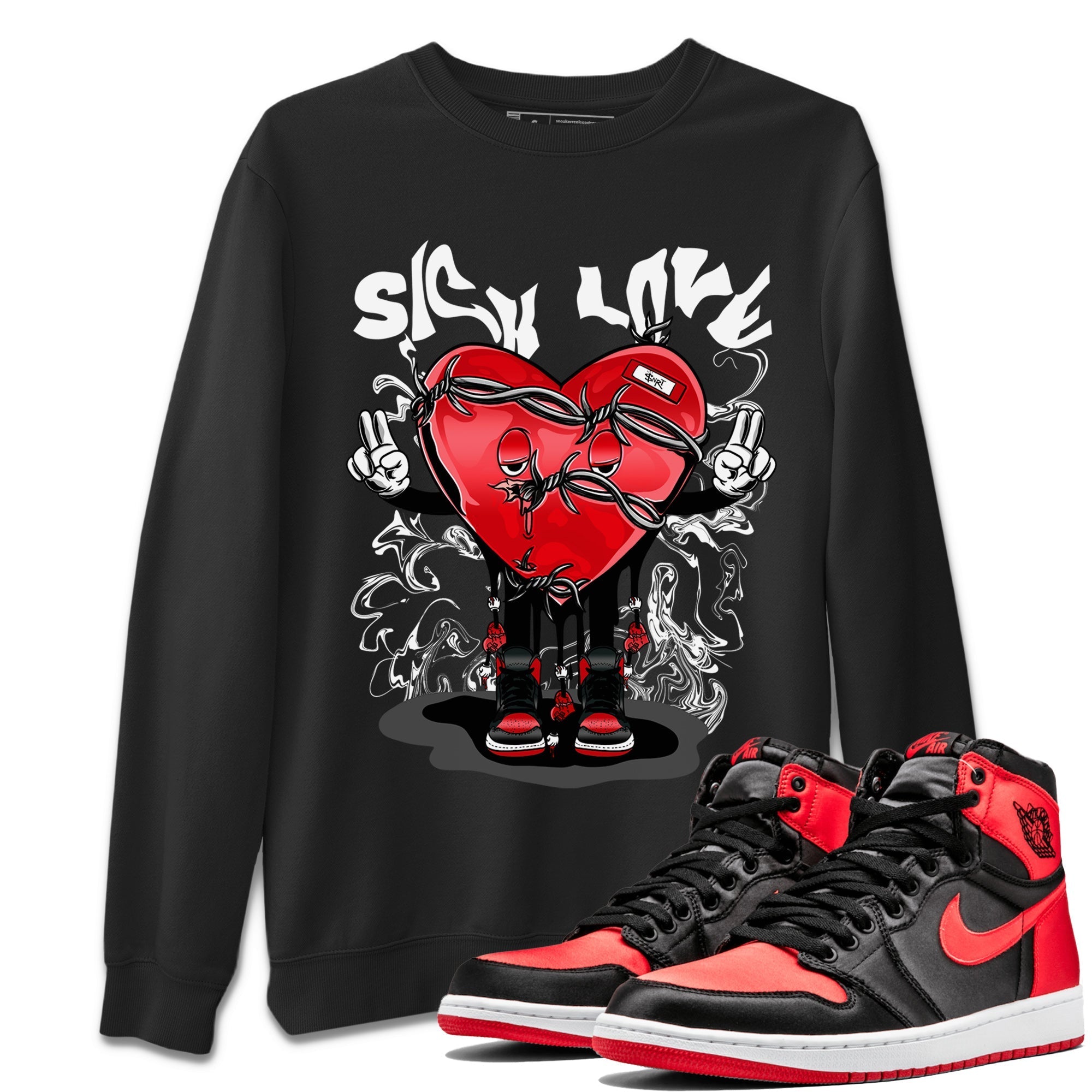 Air Jordan 1 Satin Bred Sneaker Match Tees Sick Love Streetwear Sneaker Shirt Jordan 1 High OG Satin Bred Sneaker Release Tees Unisex Shirts Black 1
