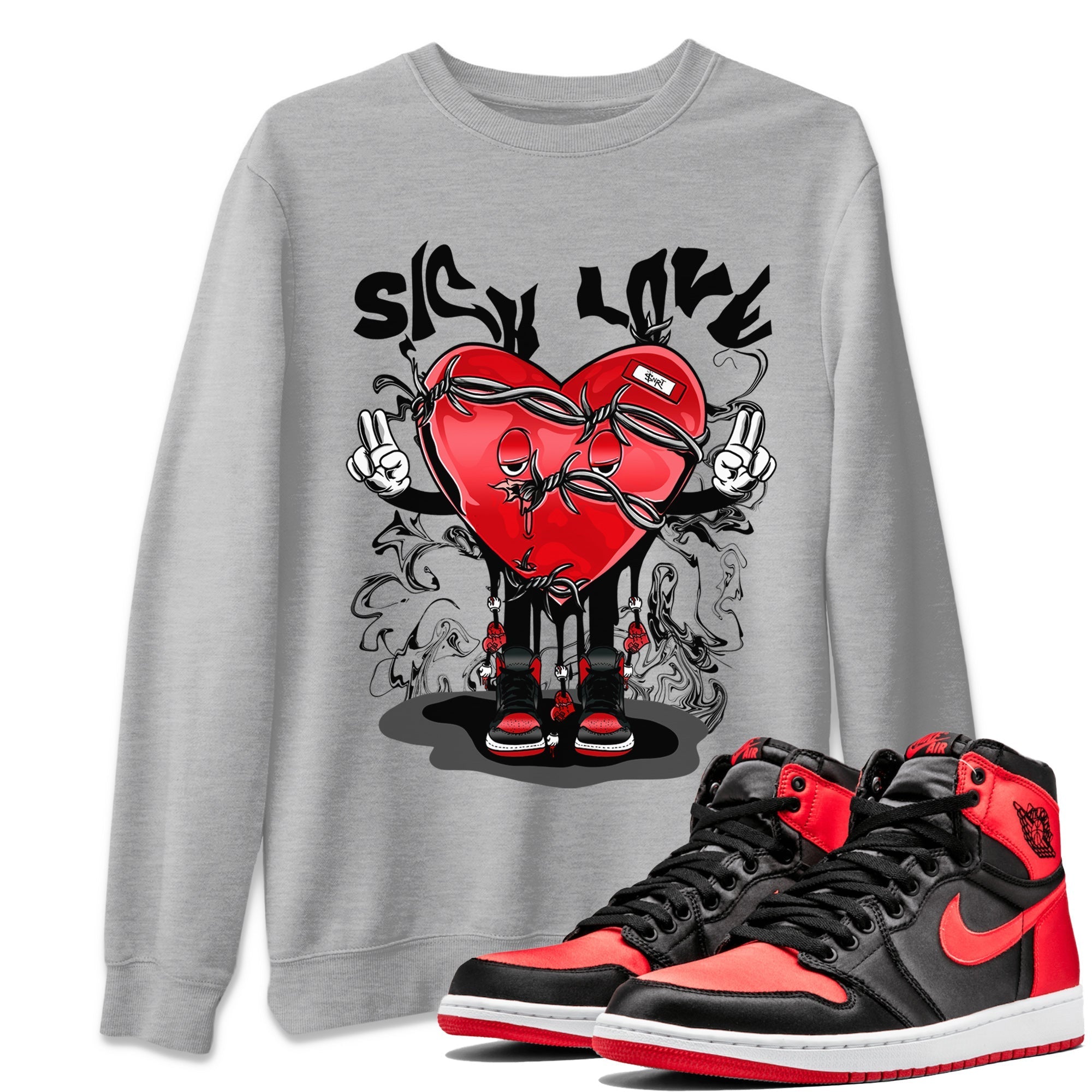 Air Jordan 1 Satin Bred Sneaker Match Tees Sick Love Streetwear Sneaker Shirt Jordan 1 High OG Satin Bred Sneaker Release Tees Unisex Shirts Heather Grey 1