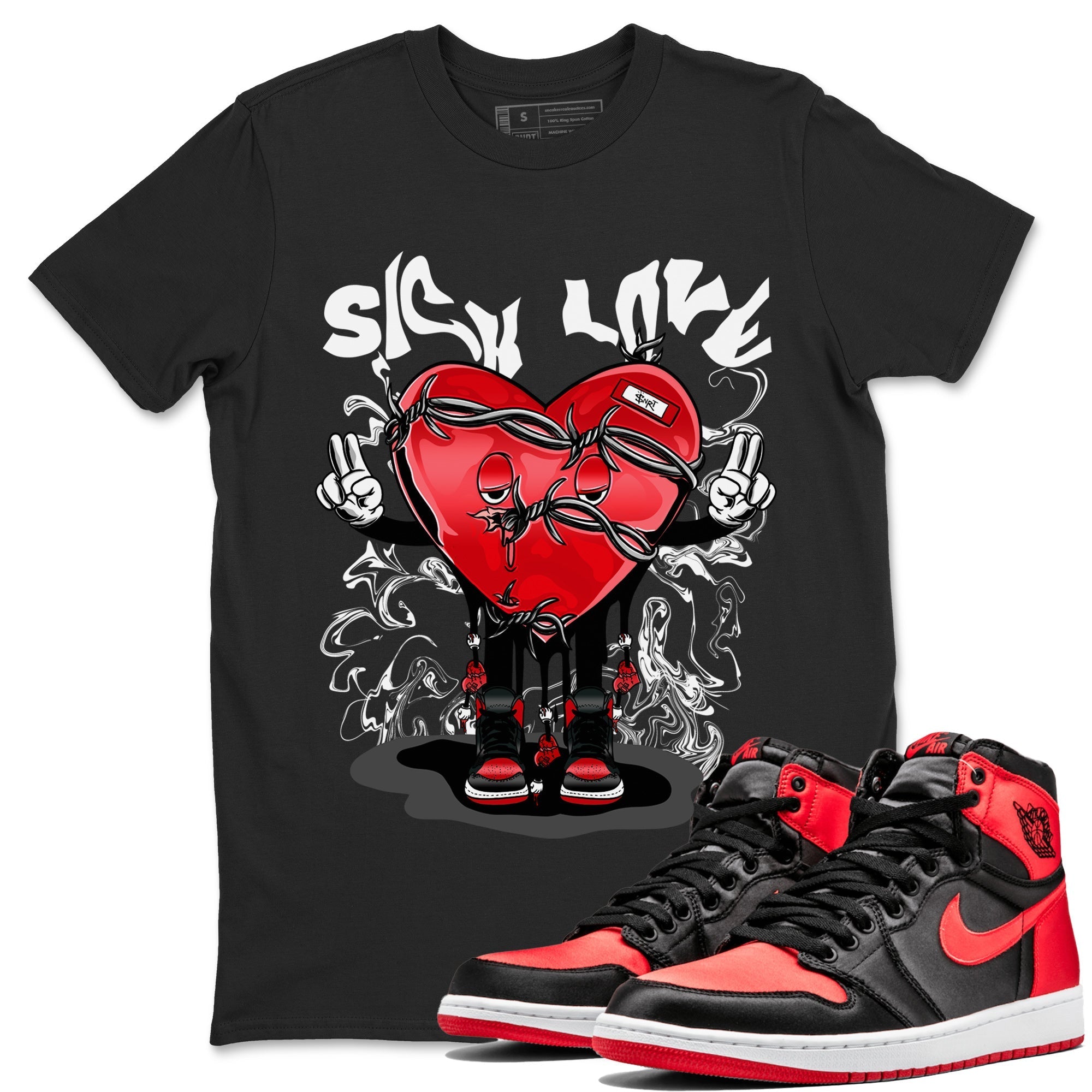 Air Jordan 1 Satin Bred Sneaker Match Tees Sick Love Streetwear Sneaker Shirt Jordan 1 High OG Satin Bred Sneaker Release Tees Unisex Shirts Black 1