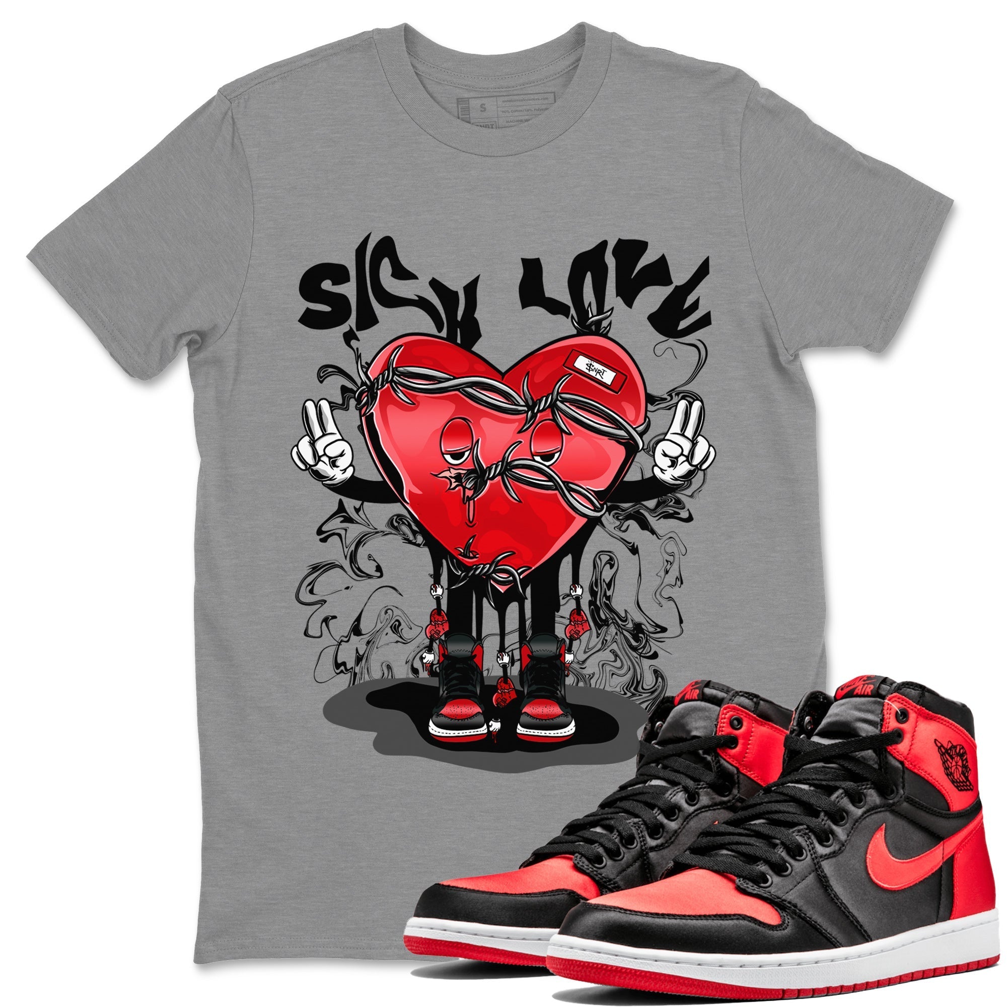 Air Jordan 1 Satin Bred Sneaker Match Tees Sick Love Streetwear Sneaker Shirt Jordan 1 High OG Satin Bred Sneaker Release Tees Unisex Shirts Heather Grey 1