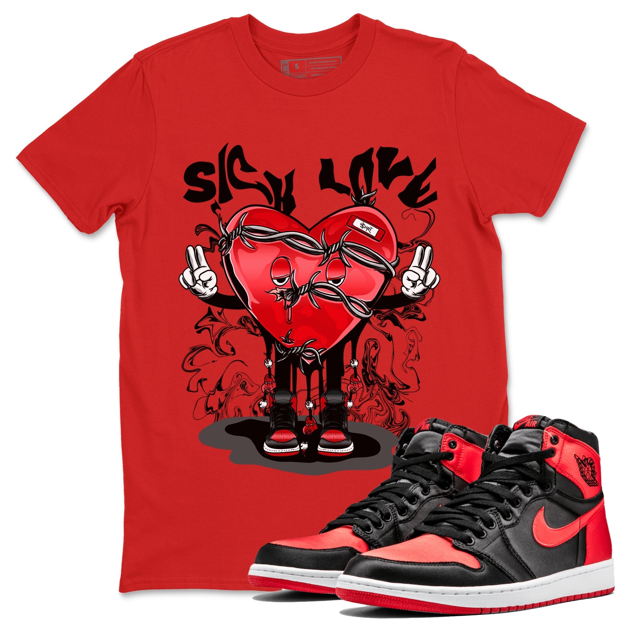 Air Jordan 1 Satin Bred Sneaker Match Tees Sick Love Streetwear Sneaker Shirt Jordan 1 High OG Satin Bred Sneaker Release Tees Unisex Shirts Red 1