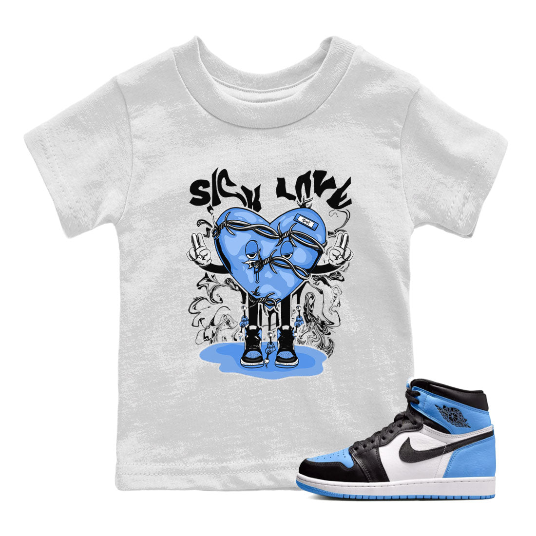 Air Jordan 1 UNC Toe shirt to match jordans Sick Love Streetwear Sneaker Shirt Air Jordan 1 Retro High OG UNC Toe Drip Gear Zone Sneaker Matching Clothing Baby Toddler White 1 T-Shirt