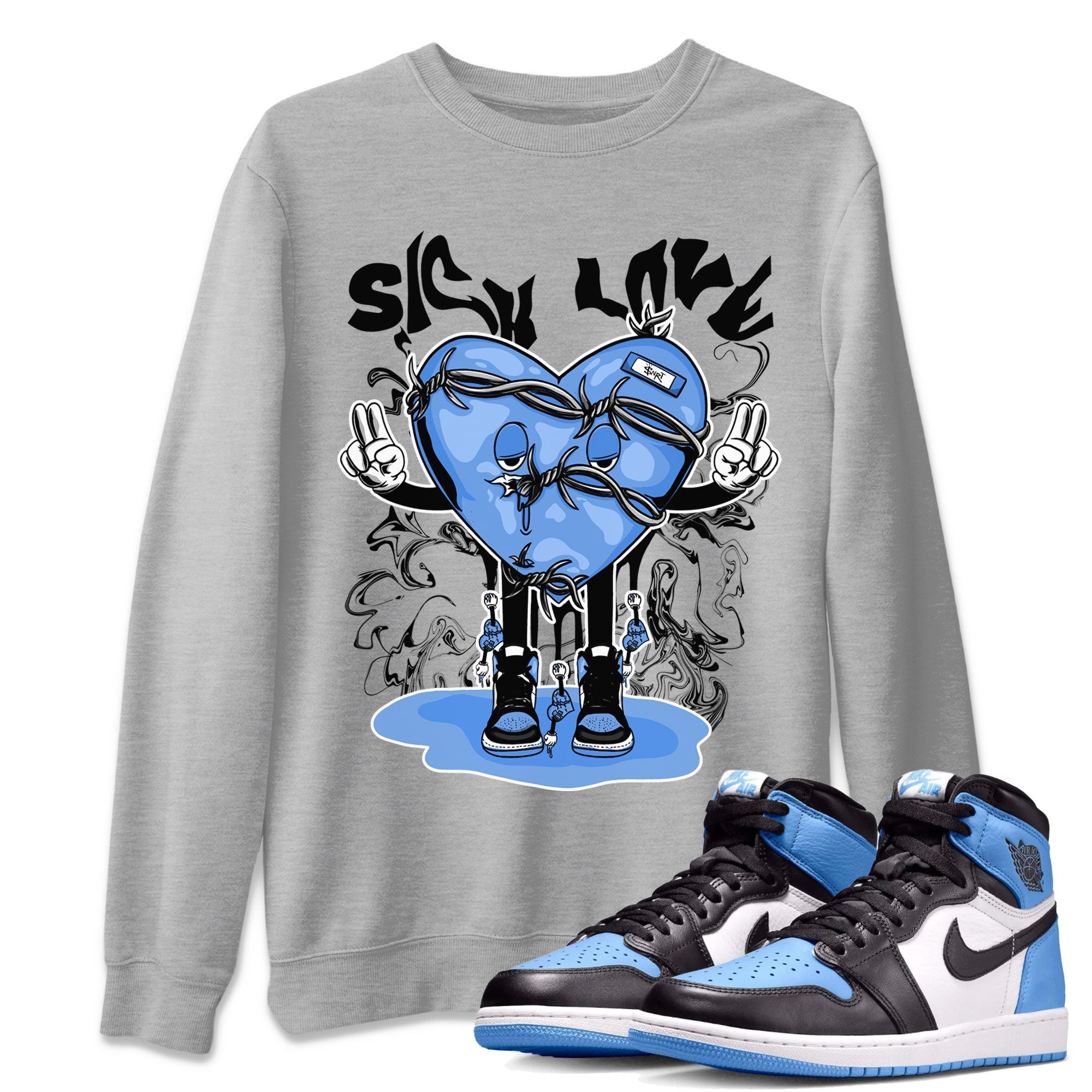 Air Jordan 1 UNC Toe shirt to match jordans Sick Love Streetwear Sneaker Shirt Air Jordan 1 Retro High OG UNC Toe Drip Gear Zone Sneaker Matching Clothing Unisex Heather Grey 1 T-Shirt
