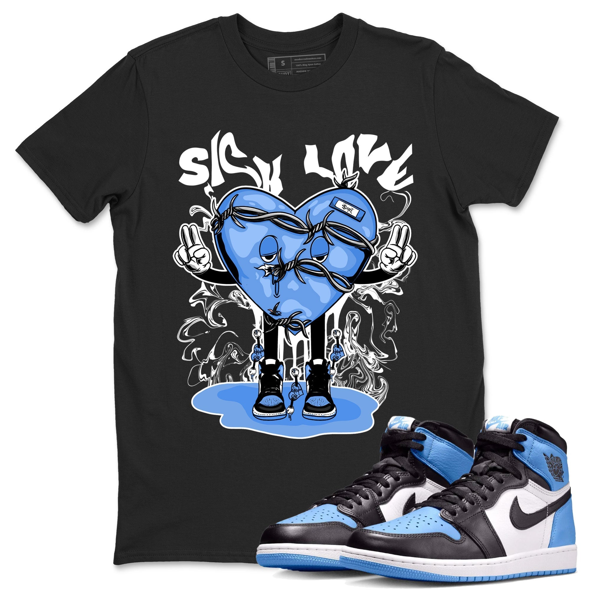 Air Jordan 1 UNC Toe shirt to match jordans Sick Love Streetwear Sneaker Shirt Air Jordan 1 Retro High OG UNC Toe Drip Gear Zone Sneaker Matching Clothing Unisex Black 1 T-Shirt