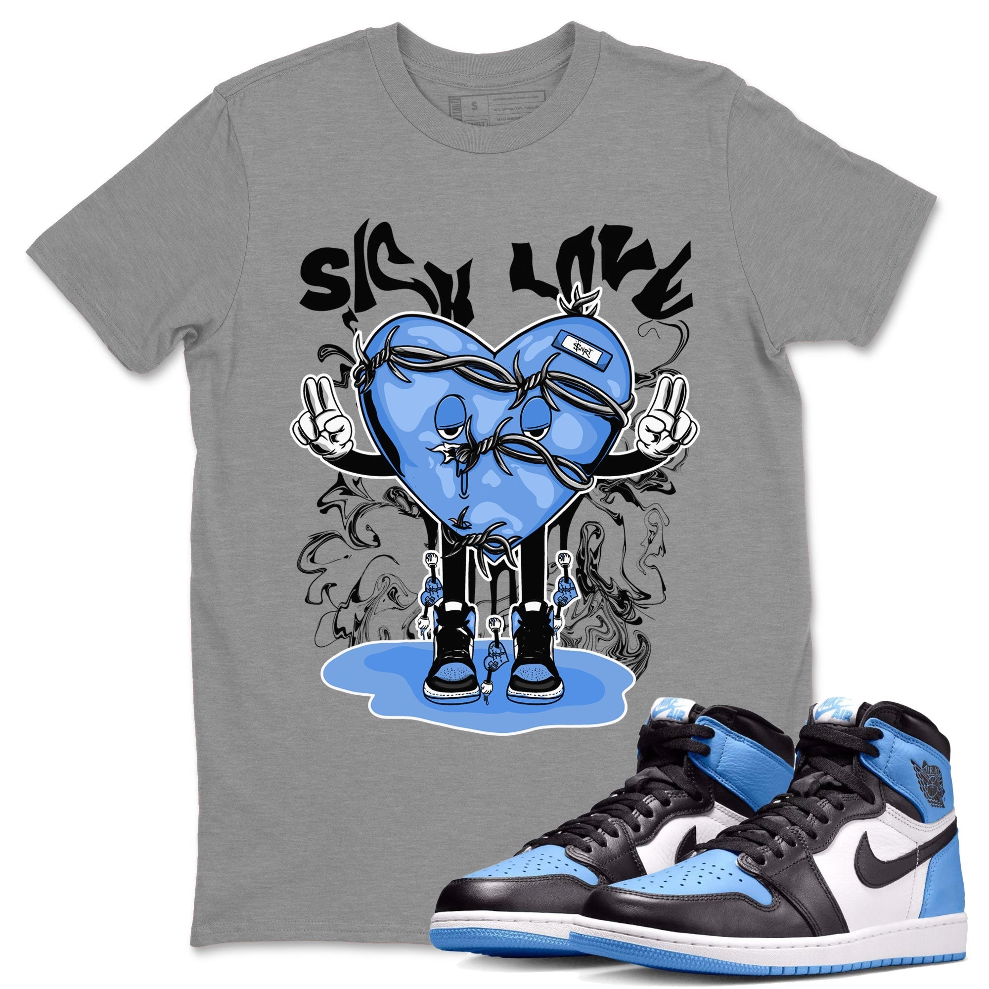 Air Jordan 1 UNC Toe shirt to match jordans Sick Love Streetwear Sneaker Shirt Air Jordan 1 Retro High OG UNC Toe Drip Gear Zone Sneaker Matching Clothing Unisex Heather Grey 1 T-Shirt