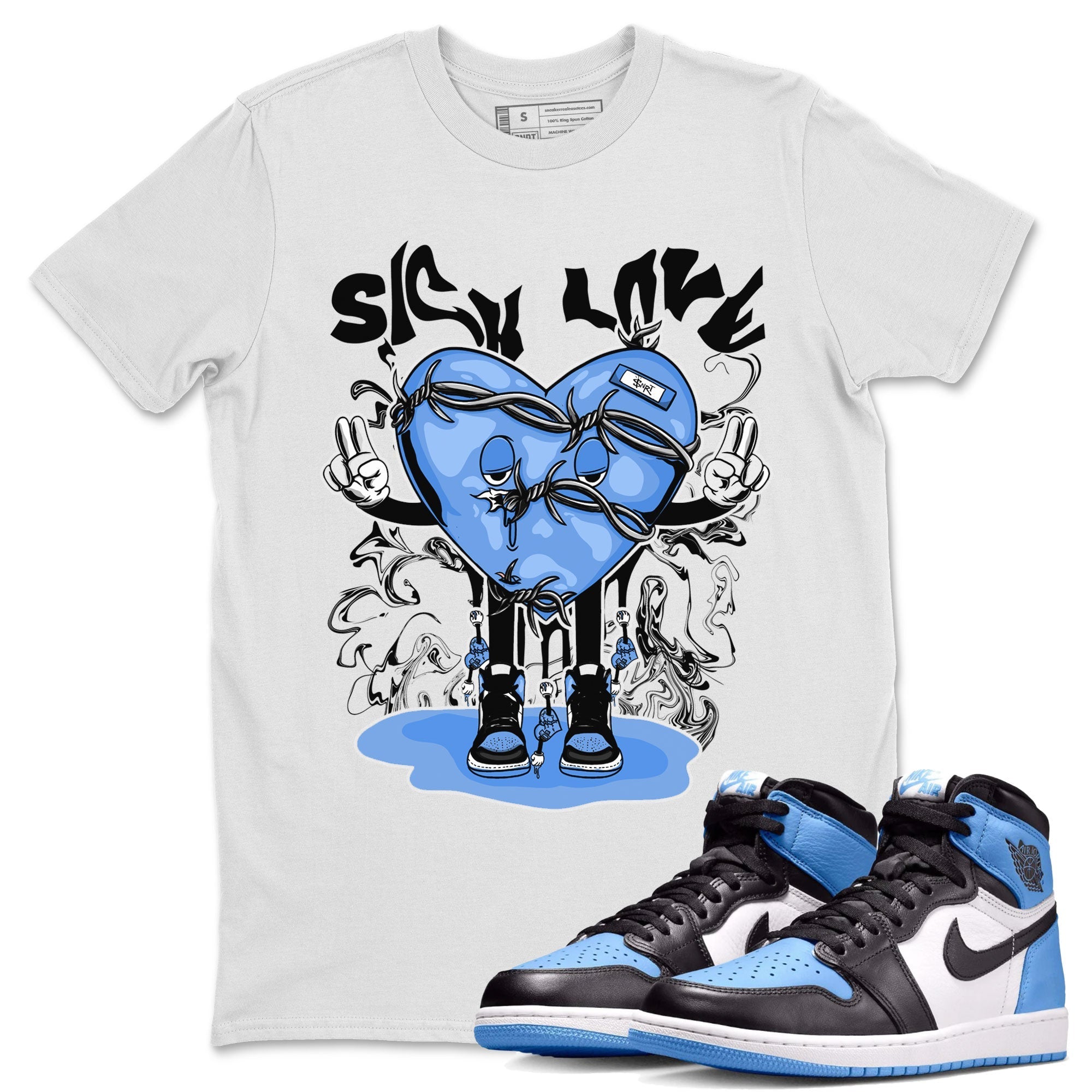 Air Jordan 1 UNC Toe shirt to match jordans Sick Love Streetwear Sneaker Shirt Air Jordan 1 Retro High OG UNC Toe Drip Gear Zone Sneaker Matching Clothing Unisex White 1 T-Shirt